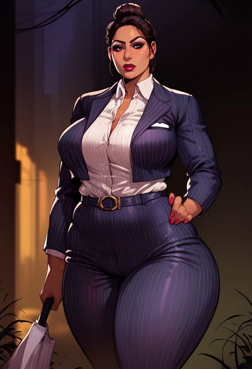 (BBW Jane Romero from dead by daylight), standing in an ominous woodland, tan skin, business suit, Hispanic, bun hairstyle, busty, clothed in pinstripe suit, voluptuous, score_8_up,score_9, score_7_up,