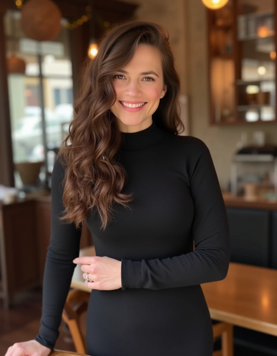 <lora:Hayley_Atwell_Flux:1> wavy brown hair, wearing a turtle neck dress standing in a cafe, looking at the viewer smiling