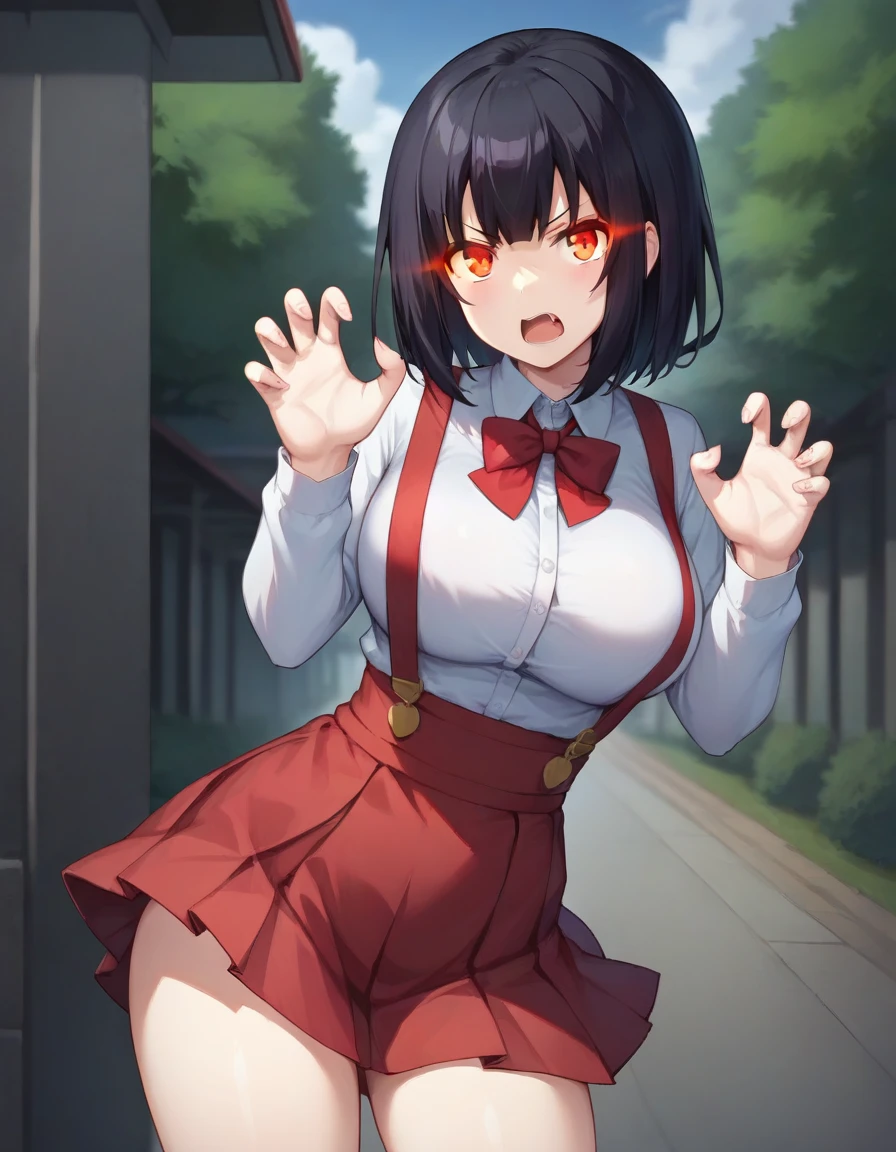 score_9,score_8_up,score_7_up,score_6_up BREAK official art,solo,outdoors,cowboy shot,looking at viewer,facing viewer,angry,frown,pale skin,Hiraki Hanako,short hair,black hair,bangs,glowing eyes,red eyes,open mouth,fangs,school uniform,collared shirt,white shirt,long sleeves,claw pose,large breasts,high-waist skirt,suspenders,red skirt,thick thighs,white socks,loafers,<lora:Hiraki Hanako(th vs se)-Pony:1.3>,<lora:Smooth Anime Style LoRA XL:0.8>,
