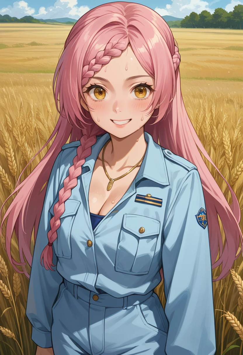 score_9, score_8_up, source_anime, 1girl, solo, YoshidaWorking, yellow eyes, pink hair, long hair, braid, uniform, light blue jacket, cleavage, necklace, light blue pants, outdoors, field, wheat field, smile, sweat, <lora:ChamKochouYoshidaPonyXL:1>