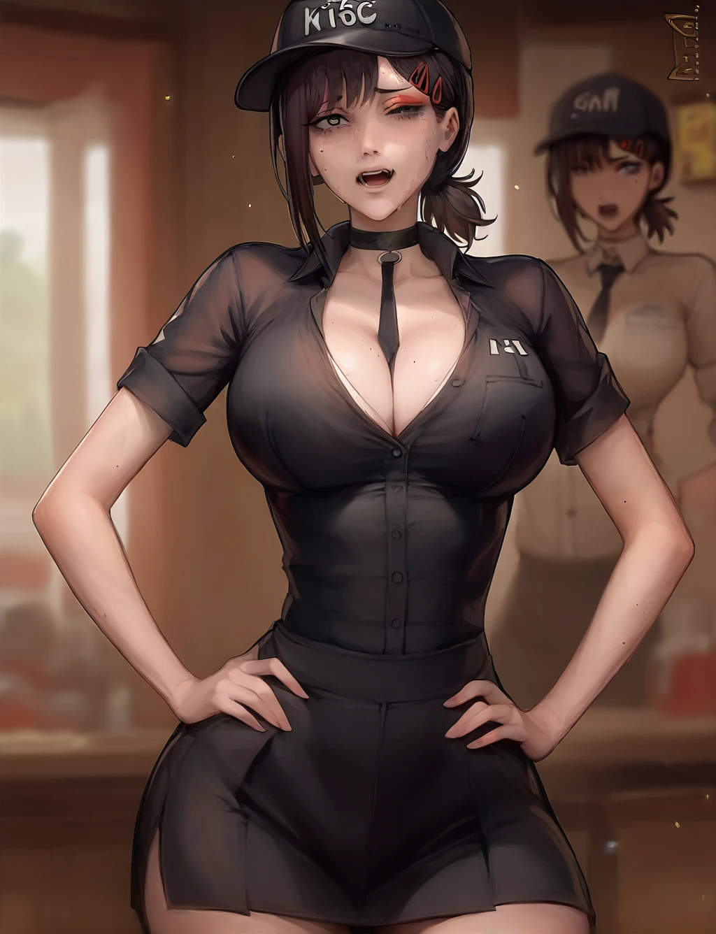 score_9, score_8_up. score_7_up, <lora:kittew:1>, kittew,
1girl,breasts,shirt,hat,solo,black shirt,hand on hip,hair over one eye,blurry background,choker,huge breasts,blurry,open mouth,cleavage,short hair,short sleeves,black headwear,one eye covered,bangs,looking at viewer,black choker,partially unbuttoned,collared shirt,(makeup:1.2),uniform,skirt,bob cut,employee uniform,necktie,large breasts,teeth,higashiyama_kobeni,chainsaw_man,1girl,black_hair,black_eyes,<lora:kobeni-higashiyama-ponyxl-lora-nochekaiser:0.5>
