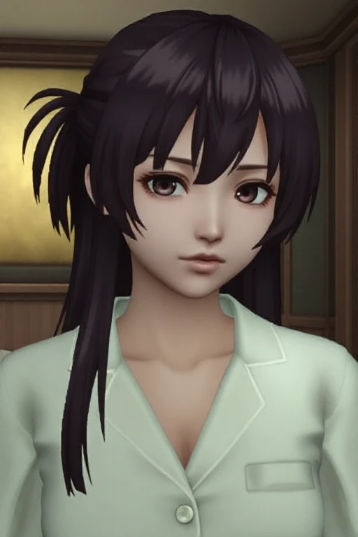 no anti aliasing, pixelated,noise, low resolution textures , low poly,  YukiSuou,  a character with long black hair styled in a half updo with a strand, playstation 2 screenshot wearing pajama,  ps2 style <lora:ps2-style:0.9>  <lora:HinaYukiSouo_flux_lora:0.6>