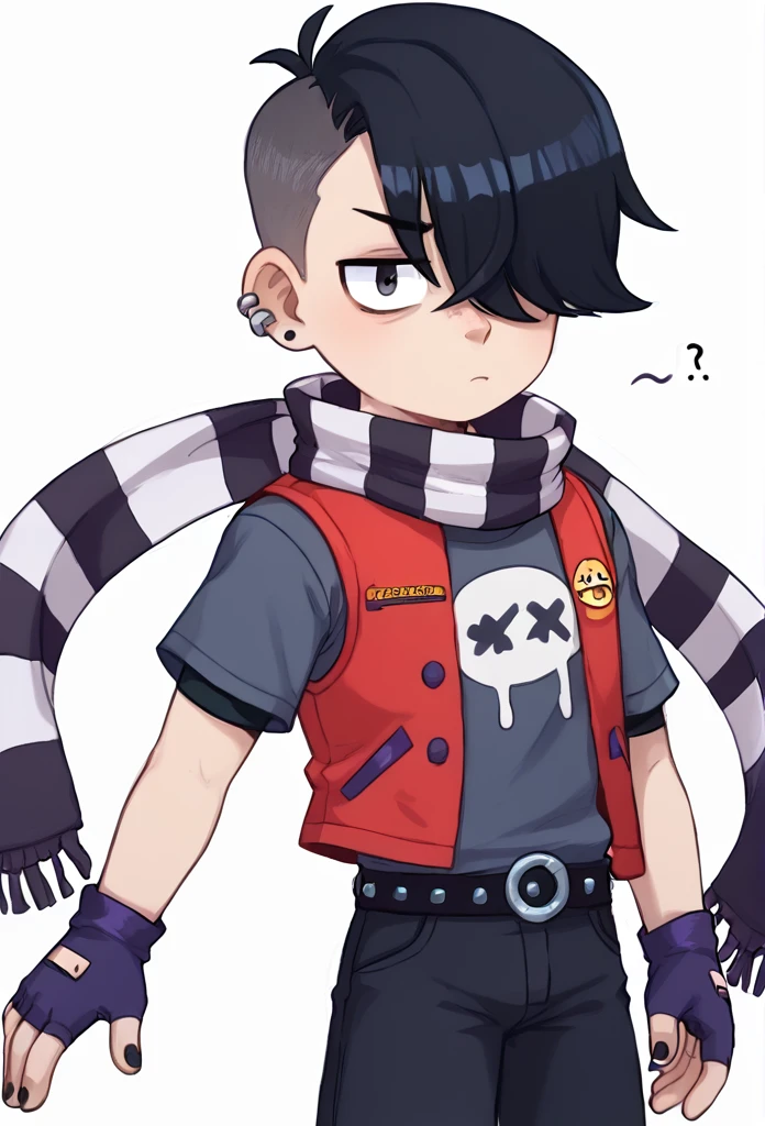 score_9, score_8_up, score_7_up, BREAK,  <lora:bsedgar:1>bsedgar    , 1boy , red vest , short hair , black hair, hair over one eye, ear piercing, solo,striped scarf  grey shirt,  short sleeves, belt , black pants ,black gloves,  looking at viewer,   fingerless gloves, black nails,  <lora:PossumMachine:1>posmach   ,confused,