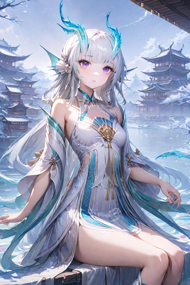 masterpiece, best quality, perfect features, intricate details, 1girl, solo,looking at viewer, sit, upper body, 
, east asian architecture, sky, blue sky,petals, depth of field,water, bare legs
, white hair, purple eyes, dragon horns, fins, head fins, dress, bare shoulders,white boots, <lora:Xishi_YLQY_xl:0.8>