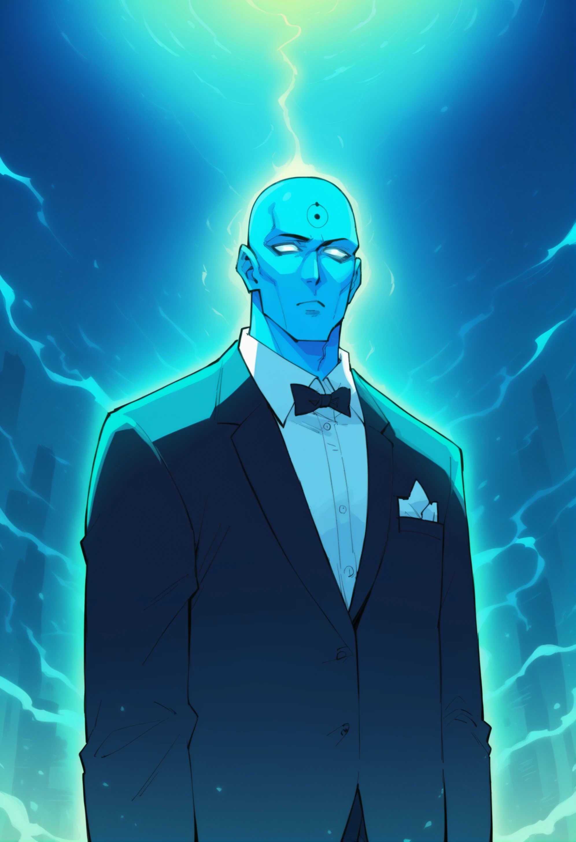 score_9, score_8_up, score_7_up, score_6_up, source_anime, 1boy, (in a lab:1.2) <lora:Doctor_Manhattan:0.9> drmanhattan, bald,blue skin, glowing  eyes, suit, no pupils BREAK anime style, key visual, vibrant, studio anime, highly detailed