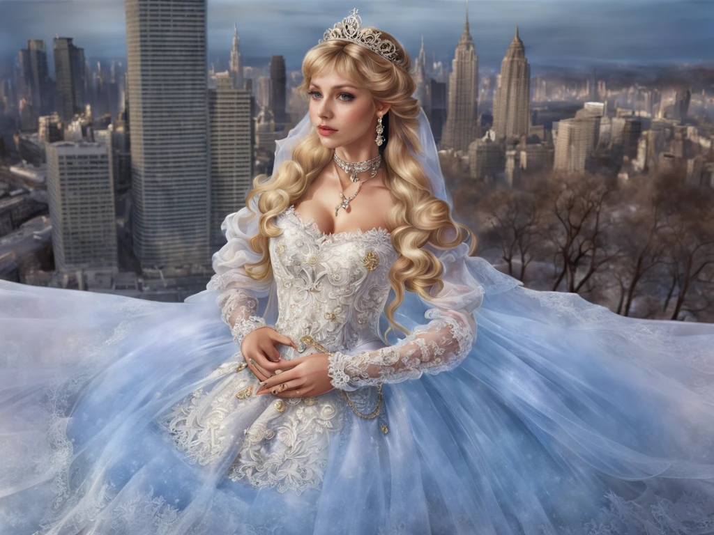 (masterpiece, best quality:1.2),illustration,8k,hd,1 girl,very long hair,(from above:1.4),solo,blonde hair,byrs,jewelry,dress,long sleeves,hair ornament,earrings,necklace,lace,tiara,choker,bow,lace-trimmed dress,(cleavage:1.2),(huge breasts:1.2),hands on own chest,(skyscraper:1.4),<lora:killerè¸é¨å¤§å°è°èå¨v2-02:1>,(european princess:1.2),<lora:byrs XL:0.8>,<lora:add-detail-xl:0.8>,