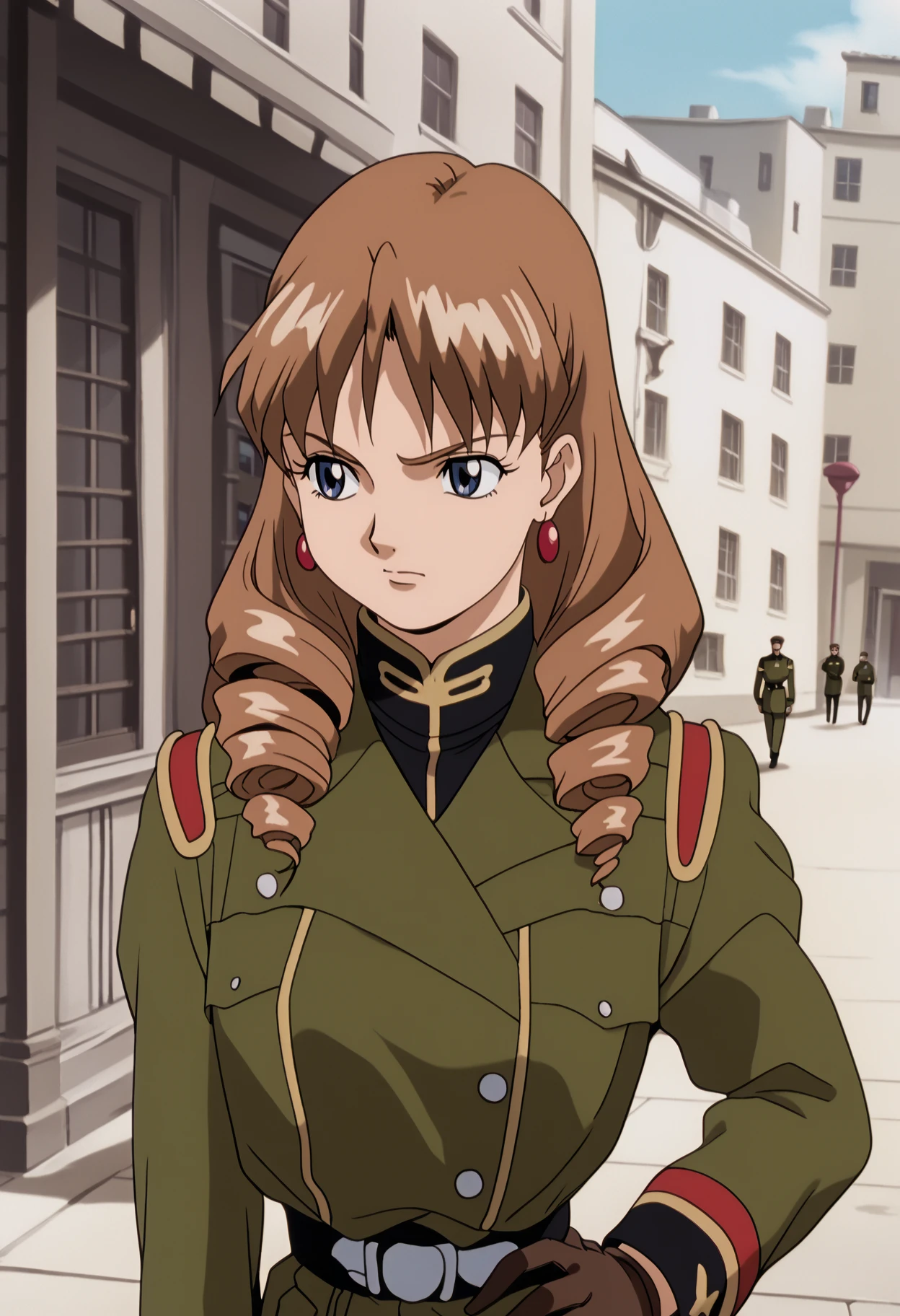 score_9, score_8_up, score_7_up,  sksgw, retro artstyle, BREAK, 
1girl, brown hair, long hair, makeup, drill hair, blue eyes, earrings, gloves, uniform, hand on hip, jewelry, military, military uniform, retro artstyle, sksgw, solo,1990s \(style\), outdoors, street background <lora:GundamWingXLLocon_byKonan:1>