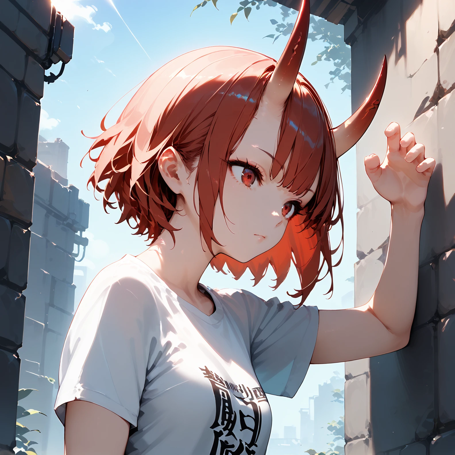 score_9, score_8_up, score_7_up, source_anime, <lora:TzigoOniHornsPony:1>, 1 beautiful girl with TzigoOniHorns, details red eyes, short red hair, cool pose, concrete wall, slim body, small breasts, silver t-shirt, rays of sunshine, cinematic,