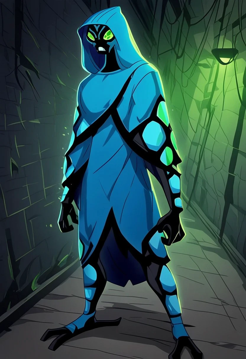 (Solo), 1boy, Alien, Big Chill, Green eyes, blue scales, black skin, three fingers, hood, athletic physique, posing, full body, standing straight, stand in dark alley,