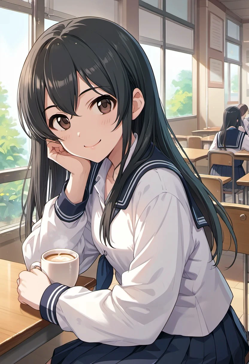 score_9, score_8_up, score_7_up, source_anime, ohishi izumi, long hair, brown eyes, black hair, solo focus, looking at viewer, 1girl, cup, smile, school uniform, sitting