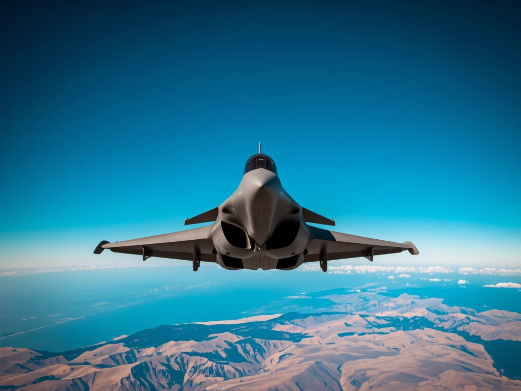 detailmaximizer d4rkc0mic, This photograph captures a detailed, colorful scene of a highly detailed representation of (a rafale fighter jet:1.1), flying in the air very low above ground, low pass flight, from below, bottom view, (the image is crisp, lots of details, very sharp definition:0.3), blue sky, mountain range in the background, ultra high quality image, cinematic lighting, stricking composition, realistic metalic surface stricking composition, dramatic lighting, mastery of color calibration, (not too dark:0.8), not too bright, perfect composition, the image is not overexposed, and the image is not oversaturated, 