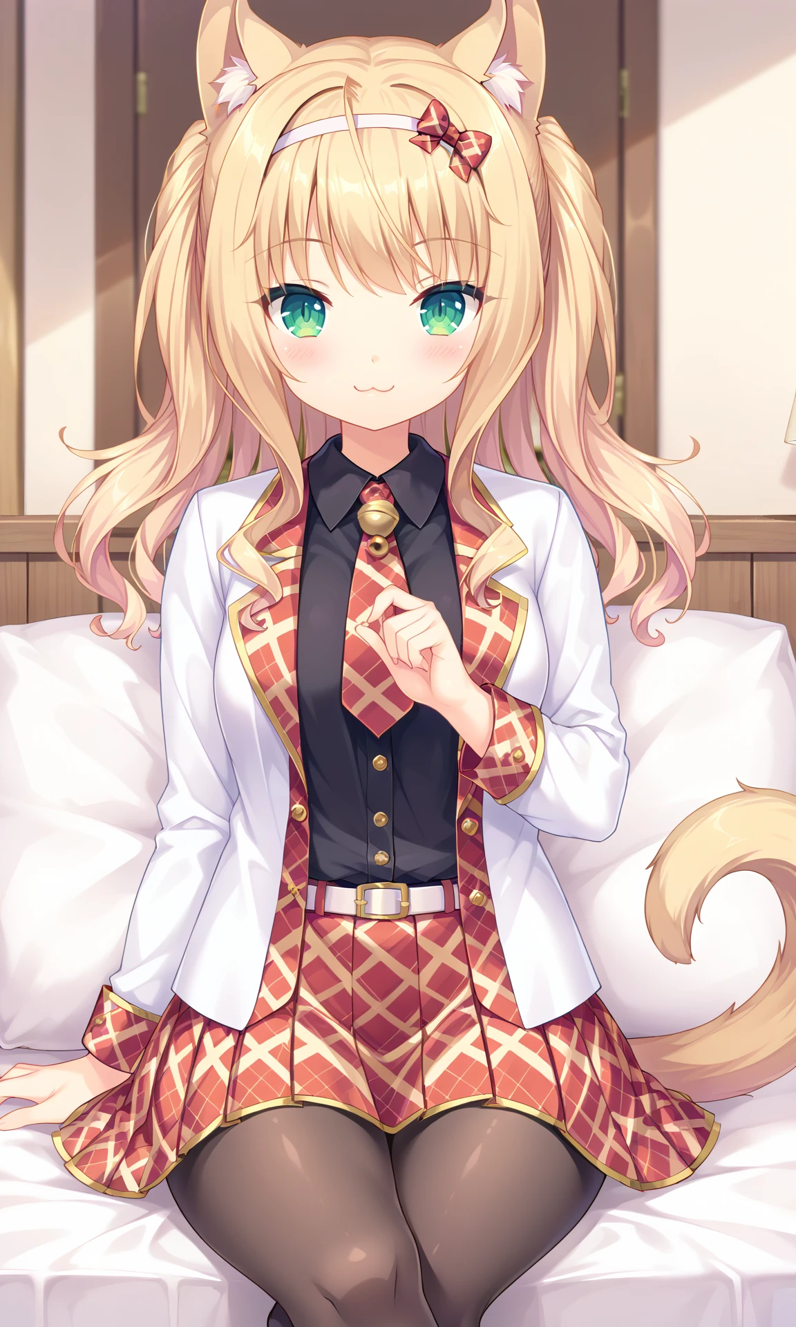 score_9, score_8_up, score_7_up, score_6_up, score_5_up, score_4_up, white_jacket, Maple, looking_at_viewer, medium_breasts, solo, blush, closed_mouth, :3, smile, ponytail, long_hair, cat_ears, animal_ear_fluff, cat_tail, white_headband, red_headband_bows, light_carmine_pink_necktie, short_necktie, neck_bell, white_belt, brown_pantyhose, light_carmine_pink_jacket, open_jacket, long_sleeves, black_shirt, white_skirt, light_carmine_pink_skirt, plaid_skirt, sitting, crossed_legs, indoors, <lora:Maple_V0.5(SDXL):0.8> <lora:hand 4:1>, Hand, detailed, perfect, perfection, hands,