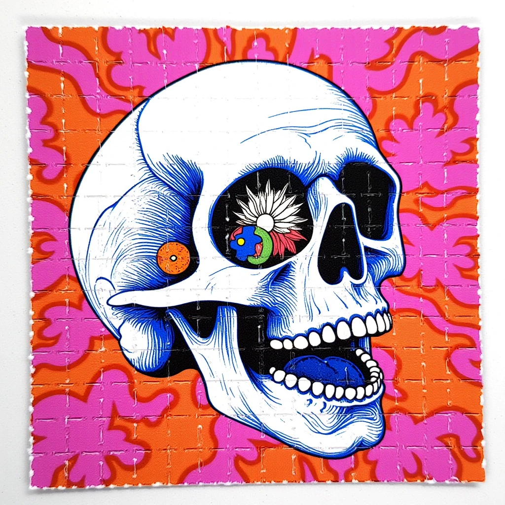 photo of blotter art paper featuring a psychedelic illustration of a face melting off a skull<lora:lora:1>