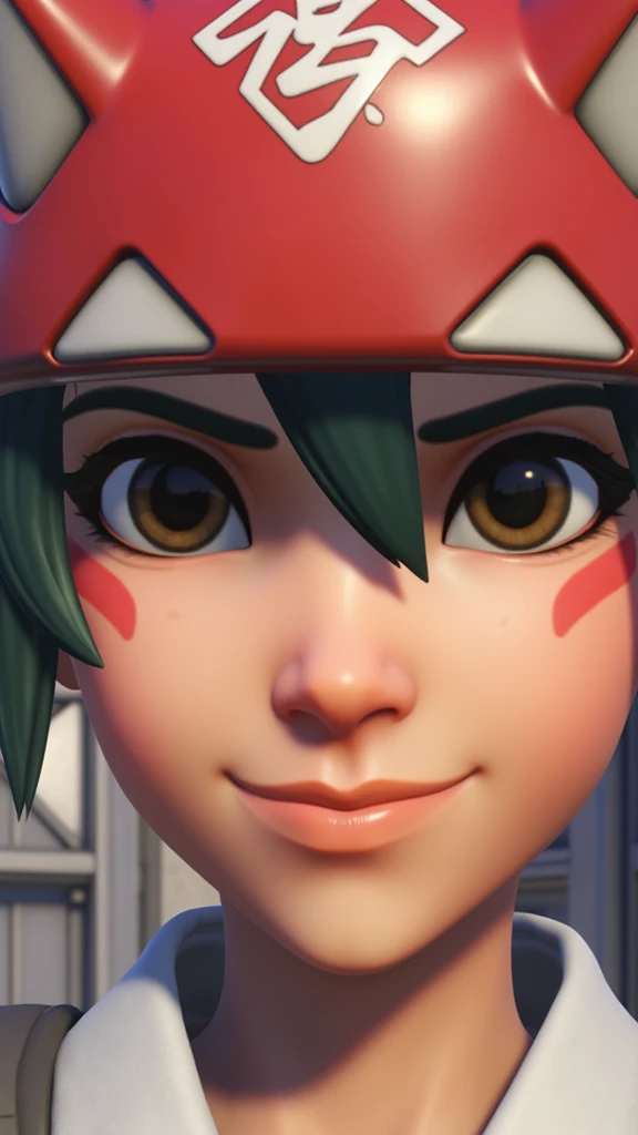 Kiriko a young girl character in the Overwatch video game is depicted in a close-up 3D-rendered image. She has short dark green hair styled in a pixie cut with bangs. Her skin tone is light and her eyes are large and almond-shaped with dark brown irises. She wears a red headband with white and black Japanese kanji characters on it covering her forehead and part of her ears. Her facial expression is neutral with a slight hint of a smile. Her lips are full and pink and she has a small mole on her right cheek. She is wearing a white scarf around her neck. The background is blurred but it appears to be a dimly lit room with metallic surfaces suggesting an industrial or futuristic setting. The lighting is soft and diffused casting subtle highlights and shadows on her face enhancing the texture of her skin and the smoothness of her headband. The overall style of the image is highly detailed and realistic typical of modern video game character art, <lora:kiriko-overwatch-2-v2:1>