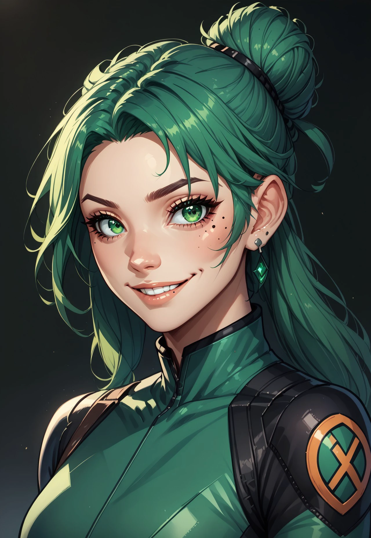 synxomix, 1girl, solo, green hair, green eyes, mole, mole under eye, looking at viewer, jewelry, hair bun, single hair bun, hair behind ear, parted lips, earrings, long hair, smile, black background, portrait, simple background, bodysuit, illustration, comic art style,  BREAK PonyXLV6_Scores