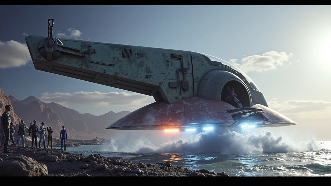 a collosal photo of the slave 1 spaceship on a platform at the alien water planet,dramatic angle,waves crushing,spotlight,unearthy dimensions,lit up panels,neon lighting,star wars style,star wars characters gathering around,lucasfilm, <lora:slave_1:1>