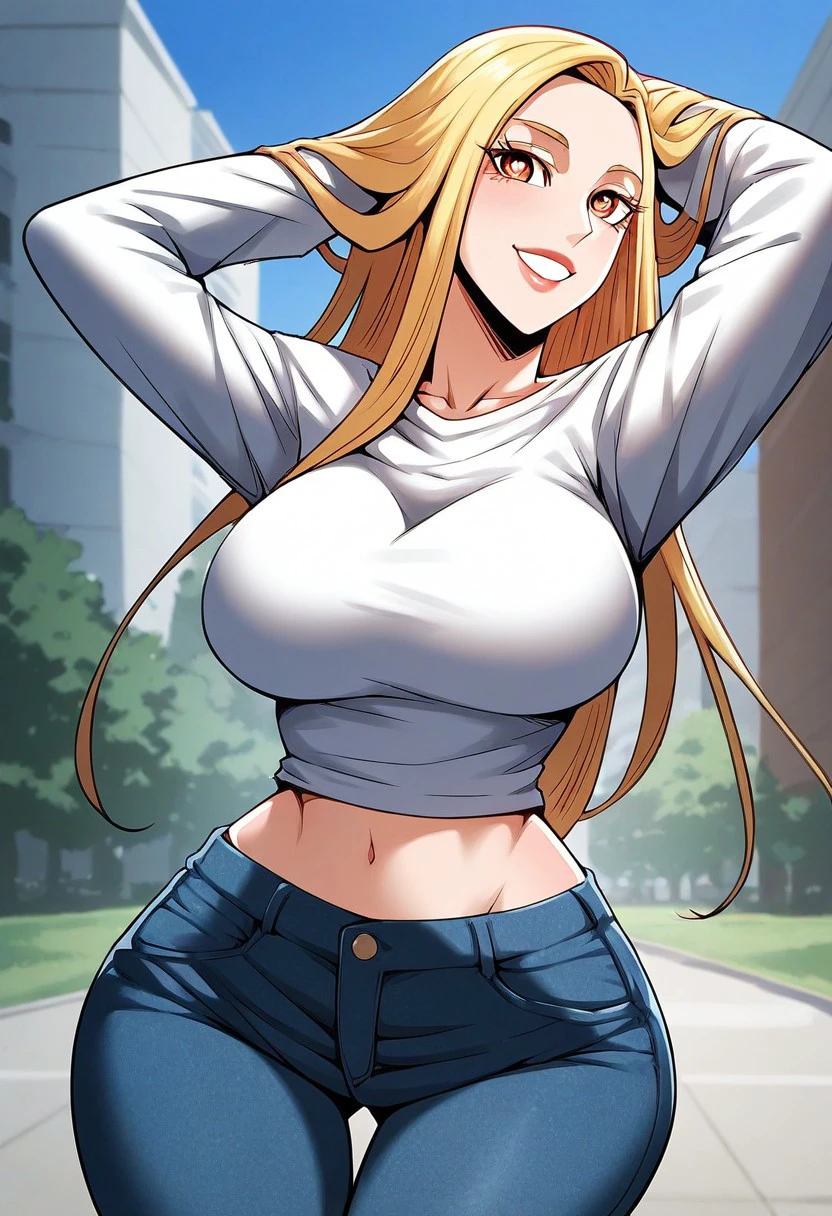 score_9, score_8_up, score_7_up, ASCII masterpiece, source_anime, BREAK, 1girl, solo,  (( <lora:kim_mi-joo:1> , kim_mi-joo, thin waist, wide hips, beautiful skin, beautiful amber eyes, clear eyes, bright pupils, beautiful eyes, beautiful blonde hair, beautiful long hair, huge and shaggy breasts, natural beauty, extraordinary beautiful woman, attractive woman, super sexy woman, lustful body, sexy woman with seductive obscene body, sensual body, voluptuous body, sexy beauty, no piercings, no piercing, makeup, )), ((long sleeves white top, midriff, long slim blue jeans, )) , looking at viewer, uncensored, sexy pose, beautiful smile, outdoor, park, looking at viewer, horny, seductive, cute pose, cowboy shot, front view, hands behind head,