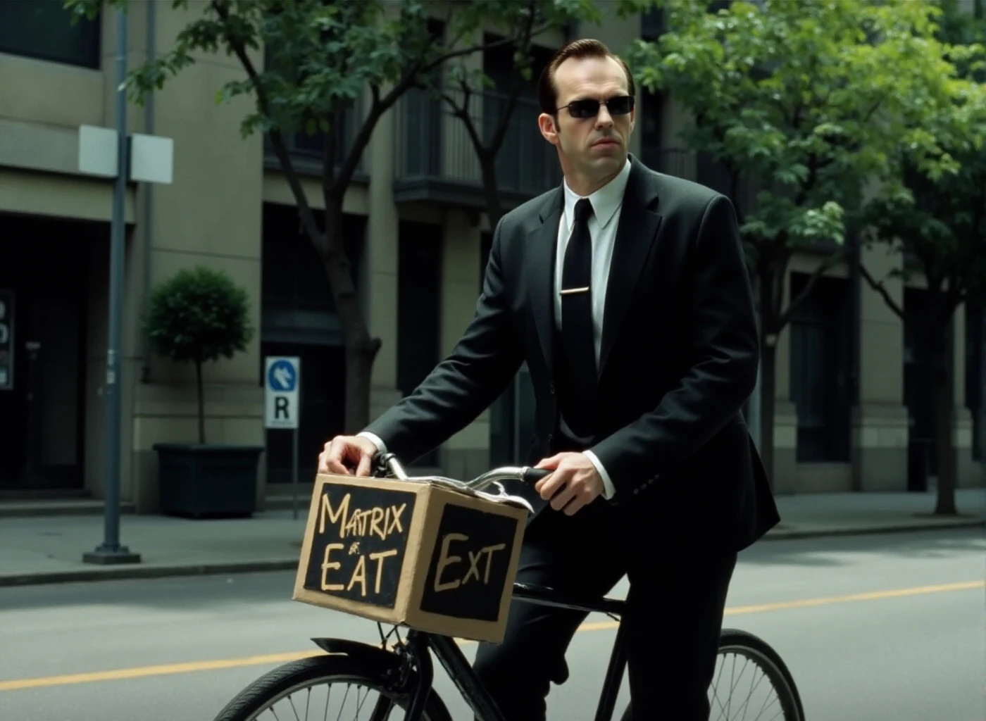 Smith wears a black suit and sunglasses. He is riding a delivery bicycle. The box on the bicycle have the text "MATRIX EAT". In a city in the matrix  <lora:Smith:0.9>