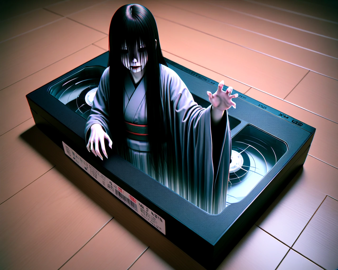 <lora:VHS_SDXL:0.7>,a woman with long hair and a ghost face is in a box with a record player in it on a wooden floor, kimono, long_hair, solo, wide_sleeves, obi, table, monster girl, box, pale skin, chromatic aberration, controller, computer, teapot, television, grey skin, horror (theme), yamamura sadako, VHS, hair over eyes