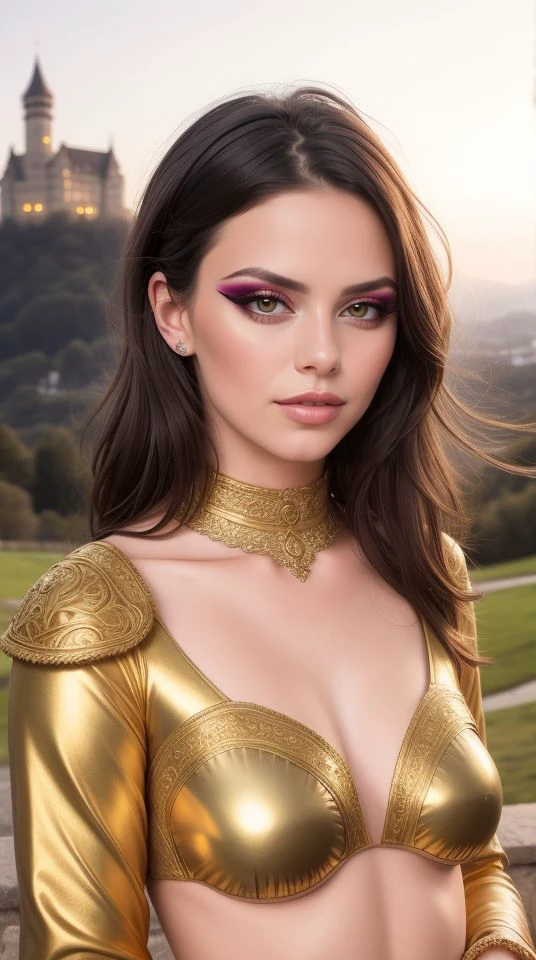 A raw photo, fashion photography of a cute portrait of a Romanian girl with perfect bobbed black hair, wearing highly detailed medieval gold armor with intricate ornate weaved gold filigree and metal gold reflections. The high detailed chainmail covers her upper body. The scene is set outdoors with soft light passing through her hair, and a faraway castle in the background. The professional, award-winning photograph features sharp focus, depth of field, and a random background, with a morbid and extremely intricate aesthetic (1.3),
<lora:topmodel_v2_epoch_1:1> makeup  <lora:DXMakeup:1>