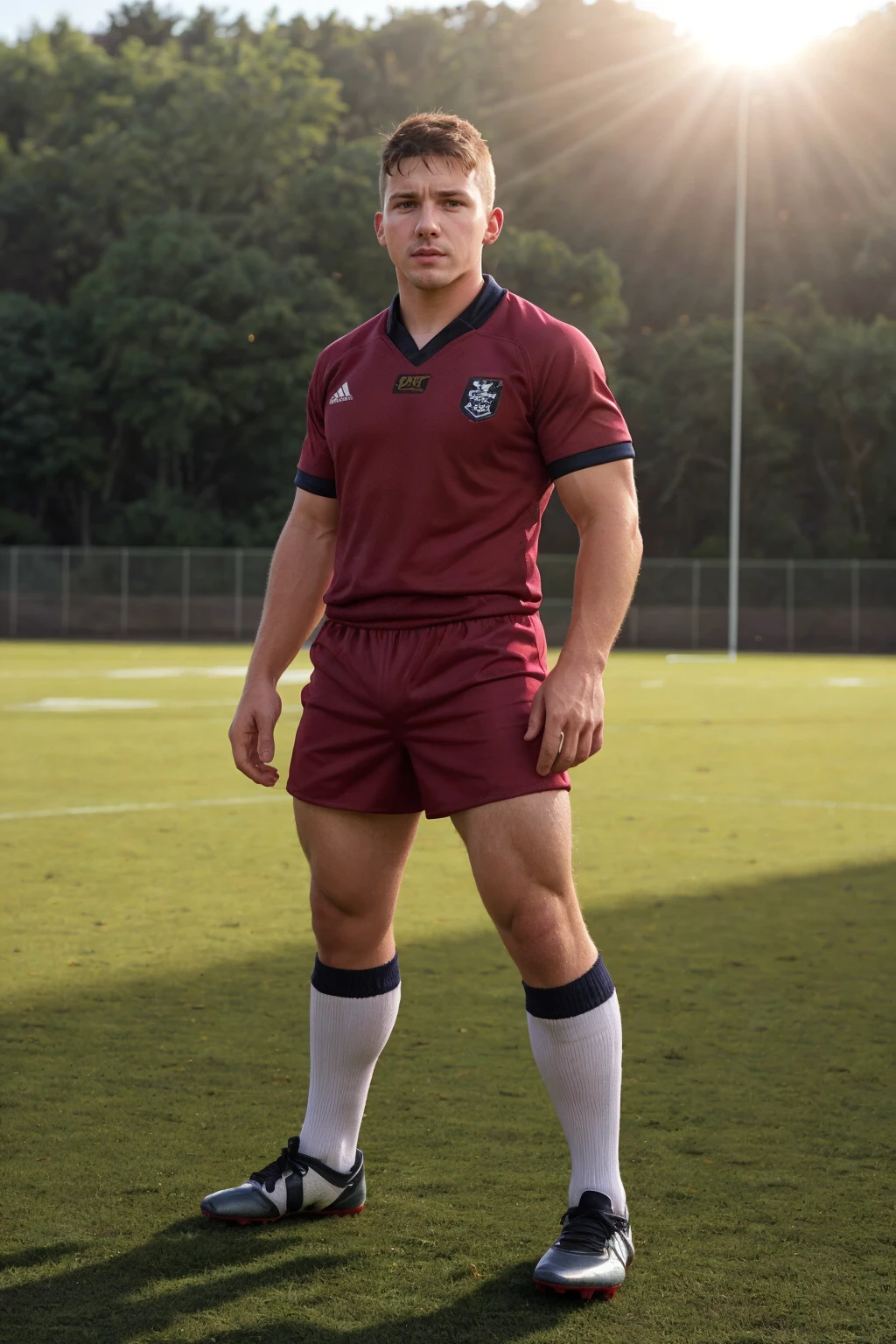 <lora:jake_porter_SD15_epoch_10:0.8>,  jakeporterperson, wearing rugby uniform and shorts, socks and cleats, standing on a field, natural lighting