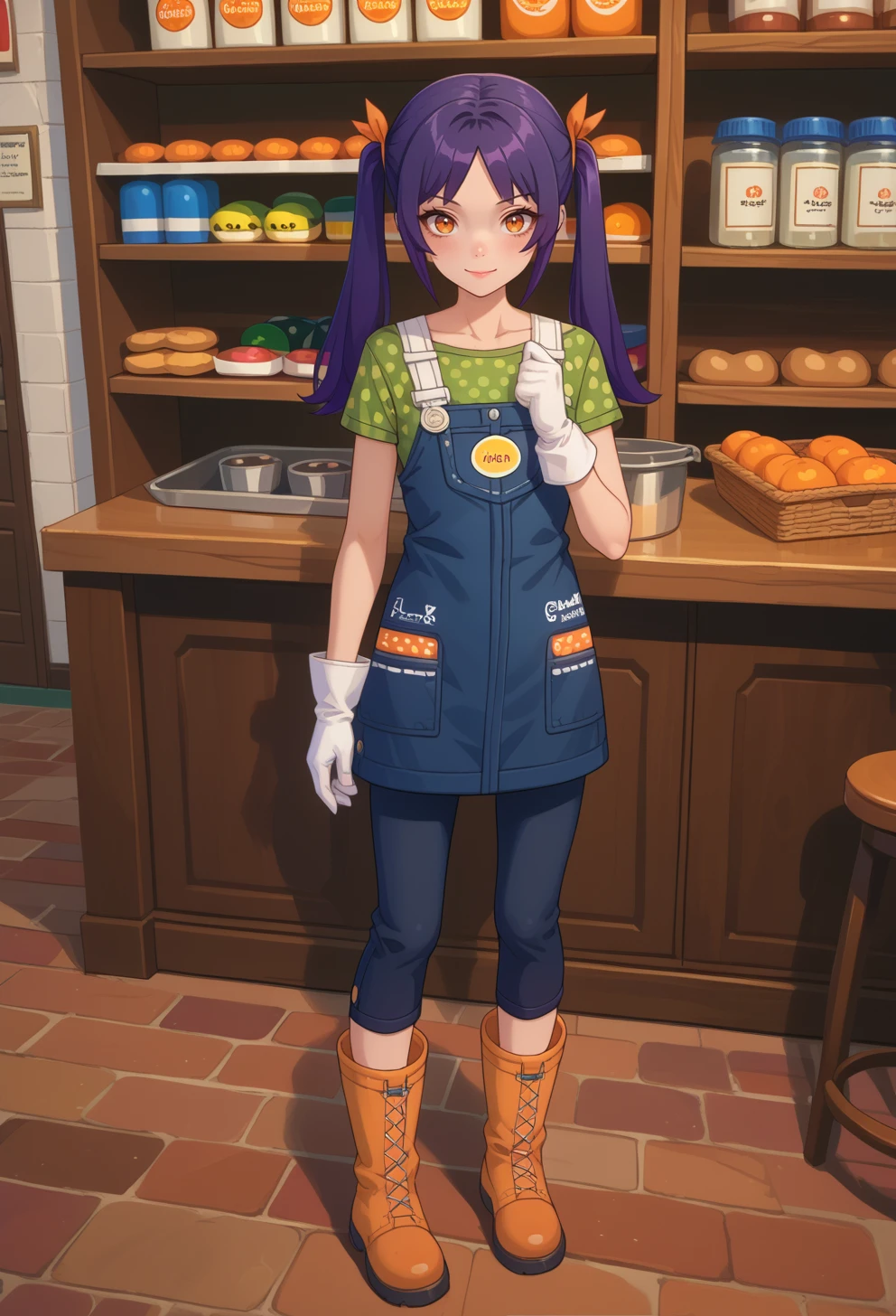 score_9, score_7_up, source_anime, BREAK <lora:AESjal:0.7> AESjal, orange eyes, long hair, purple hair, sidelocks, twintails, hair ribbon, orange ribbon, badge, blue overalls, green shirt, polka dot shirt, short sleeves, white gloves, overall skirt, capri pants, boots, yellow footwear, smile, indoors, counter, videocassette, videostore, shelf, holding videocassette, holding videotape,