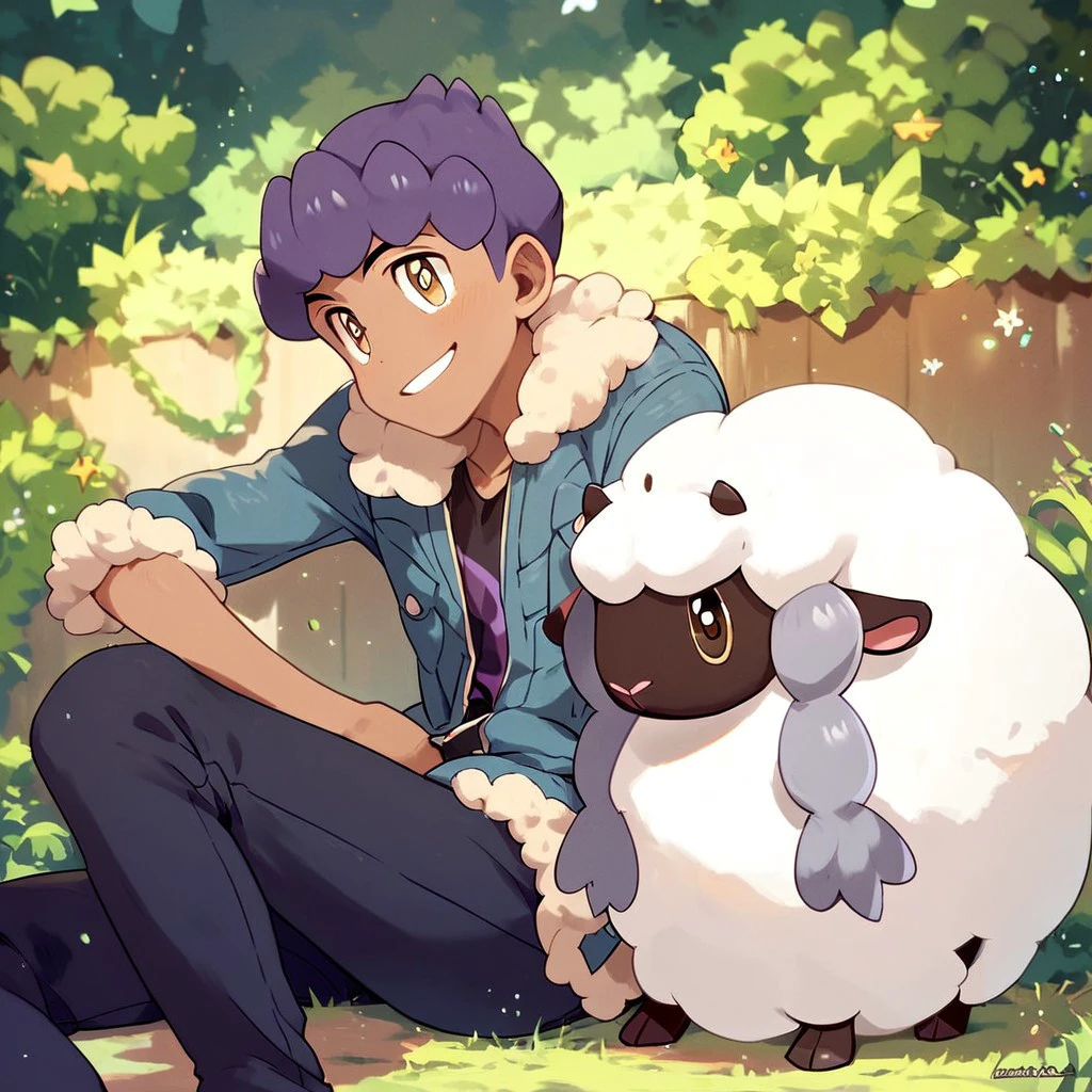 (masterpiece), score_9, score_8_up, score_7_up, score_6_up, score_5_up, score_4_up, 1boy, solo, Hop, dark purple hair, light brown eyes, dark skin, fur-trimmed jacket, shirt, pants, sitting, smile, pokemon (creature), fluffy sheep pokemon