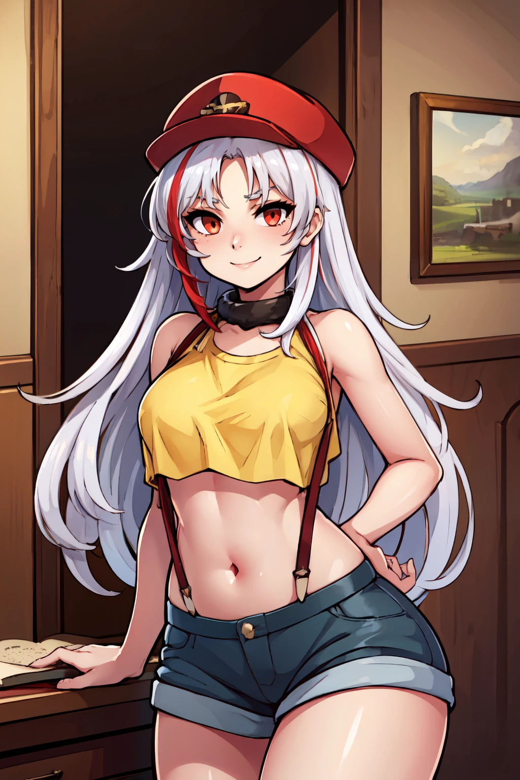 ((masterpiece,best quality)), absurdres,  BREAK, , <lora:Tallinn_Azurlane:0.8>, zzTallinn, long hair, multicolored hair, red hair, streaked hair, red eyes, white hair, two-tone hair, hat, bangs, very long hair,, BREAK,  <lora:Misty_Pokemon_Cosplay_v3:0.8>,  misty (pokemon) (cosplay), yellow crop top, suspenders,, BREAK, solo, smile, looking at viewer, cowboy shot,