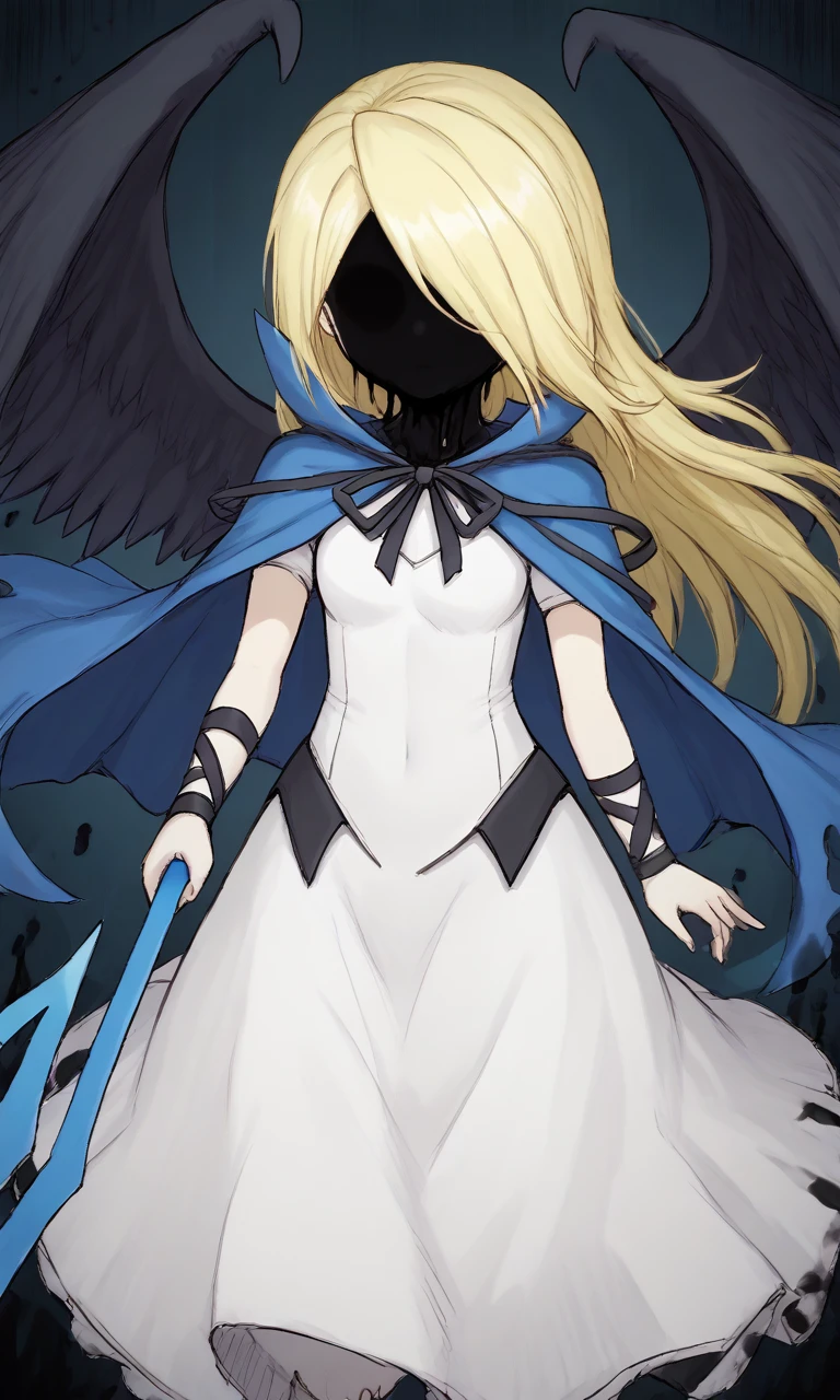 score_9,score_8_up, score_7, source anime, 1girl, covered face, black liquid,malice_rtpl, hair over one eye, black_wings, blonde_hair, long_hair, std_outfit, dress, holding a spear, blue spear