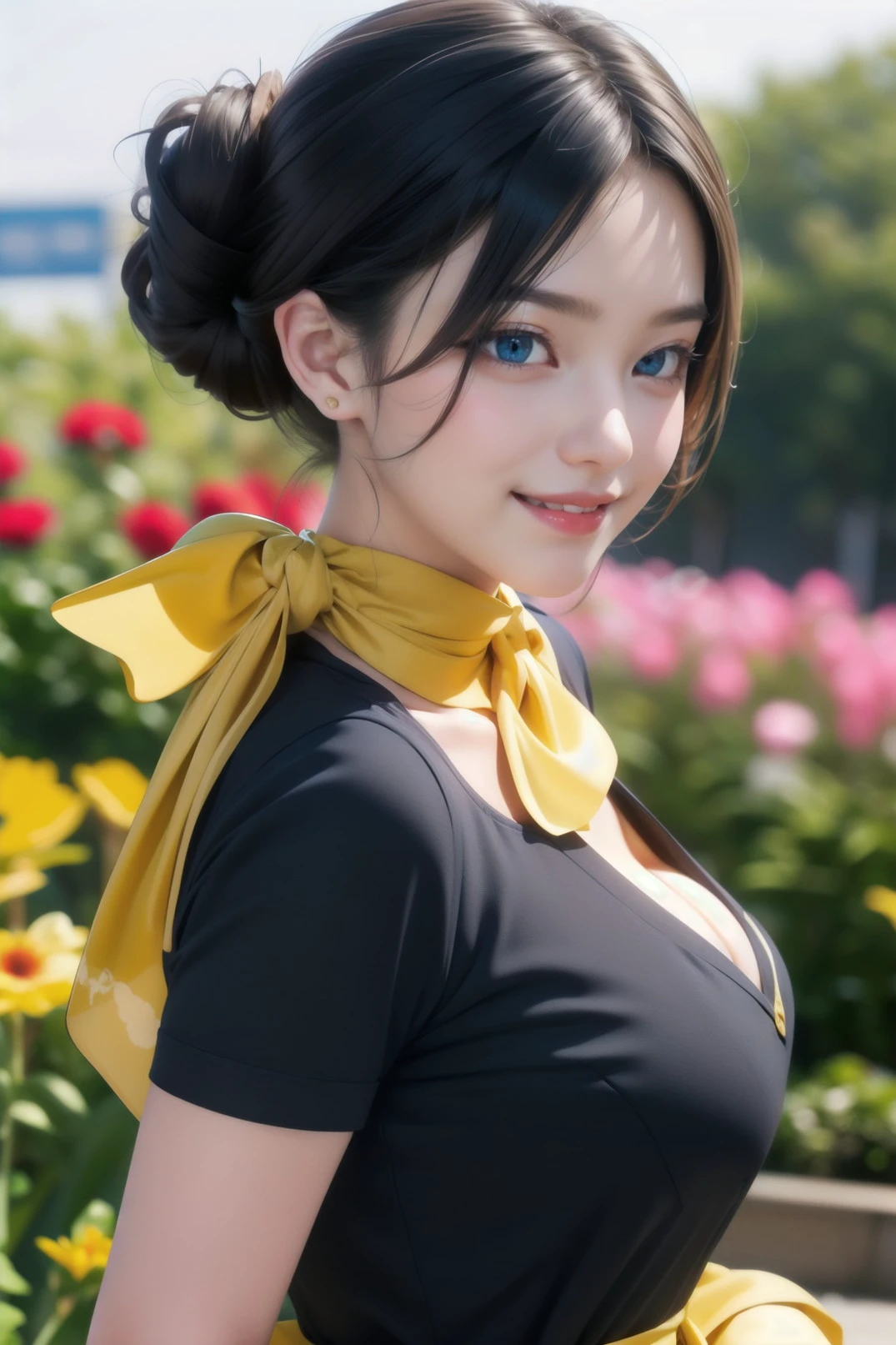 1girl, (solo), cute eyes, happy smiling, black hair, half updo, thick, large breasts, yellow green costume, mini dress, silk_scarf_2d, <lora:silk_scarf_2d_v1:1>, seductive pose, upper body shot, bust shot, flower garden, (masterpiece:1.4), (photo realistic:1.2), (high resolution), (best quality),