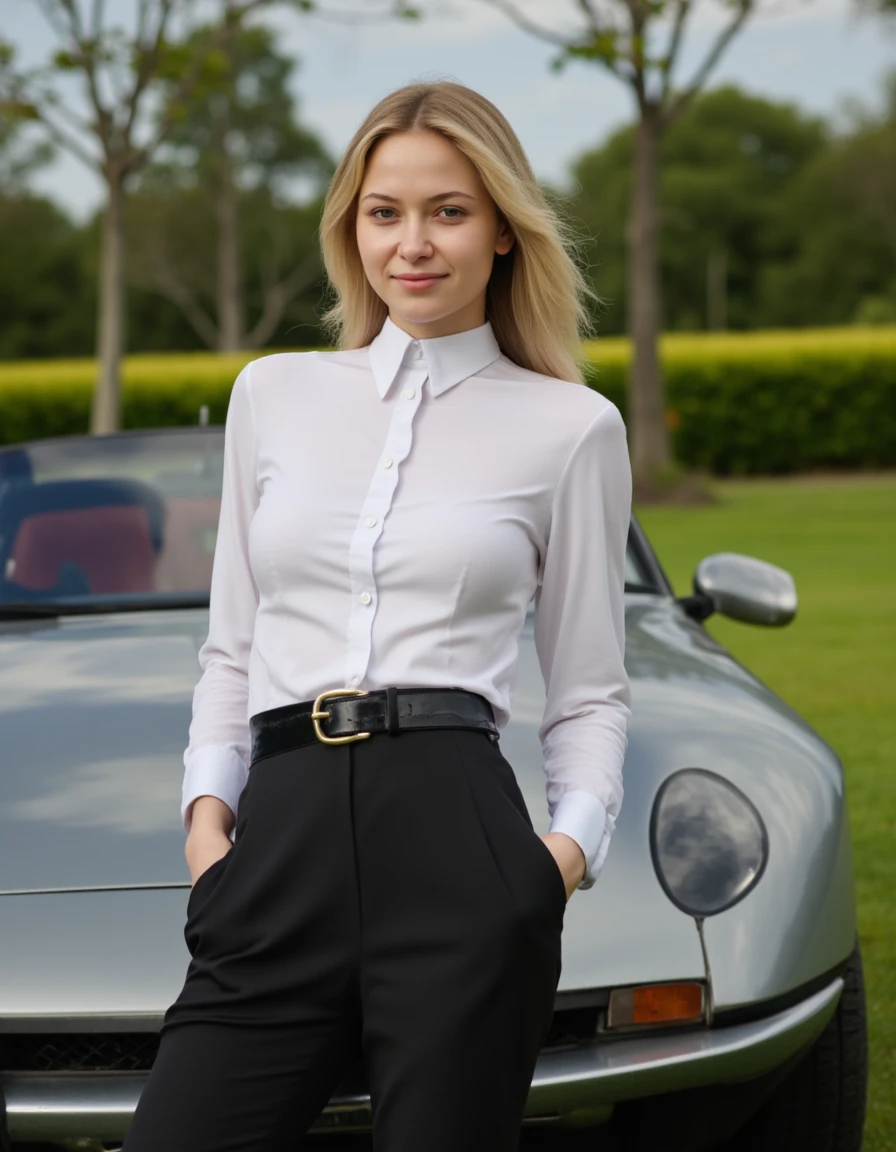 a beautiful blonde woman, wearing a (white collared shirt), long sleeves, (black pants, belt), sitting on a car in a park, Lotus, <lora:ButtonedUp:1>, photographed on a Fujifilm XT3, 80mm F/1.7 prime lens, cinematic film still, cinestill 500T, highly detailed, masterpiece, highest quality, intricately detailed, HDR, 8k, uhd, photorealistic