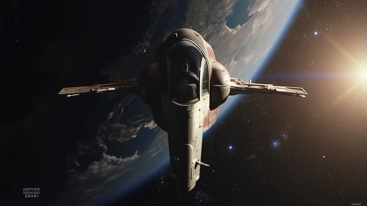 a front top view photo of the slave 1 spaceship flying vertical through outer space,dramatic angle,star wars style,lucasfilm, <lora:slave_1:1>, <lora:style_of_Greg_Capullo_FLUX_223:1> style of Greg Capullo