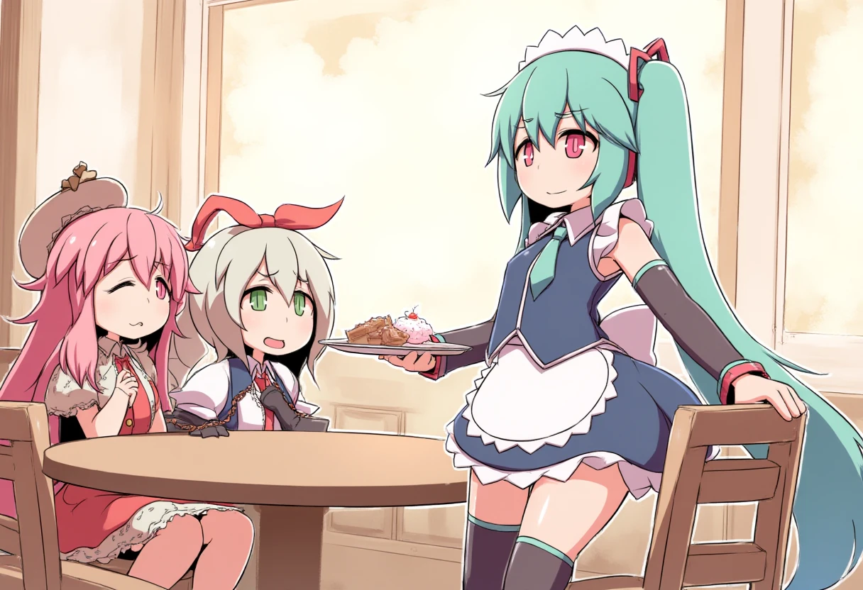 <lora:hakikaStyle_v2-000065:1>, Anime art by hakika of Hatsune Miku carrying a plate of dessert to a round wooden cafe table. She's wearing a maid costume with a short skirt. Sitting at the table are two girls.