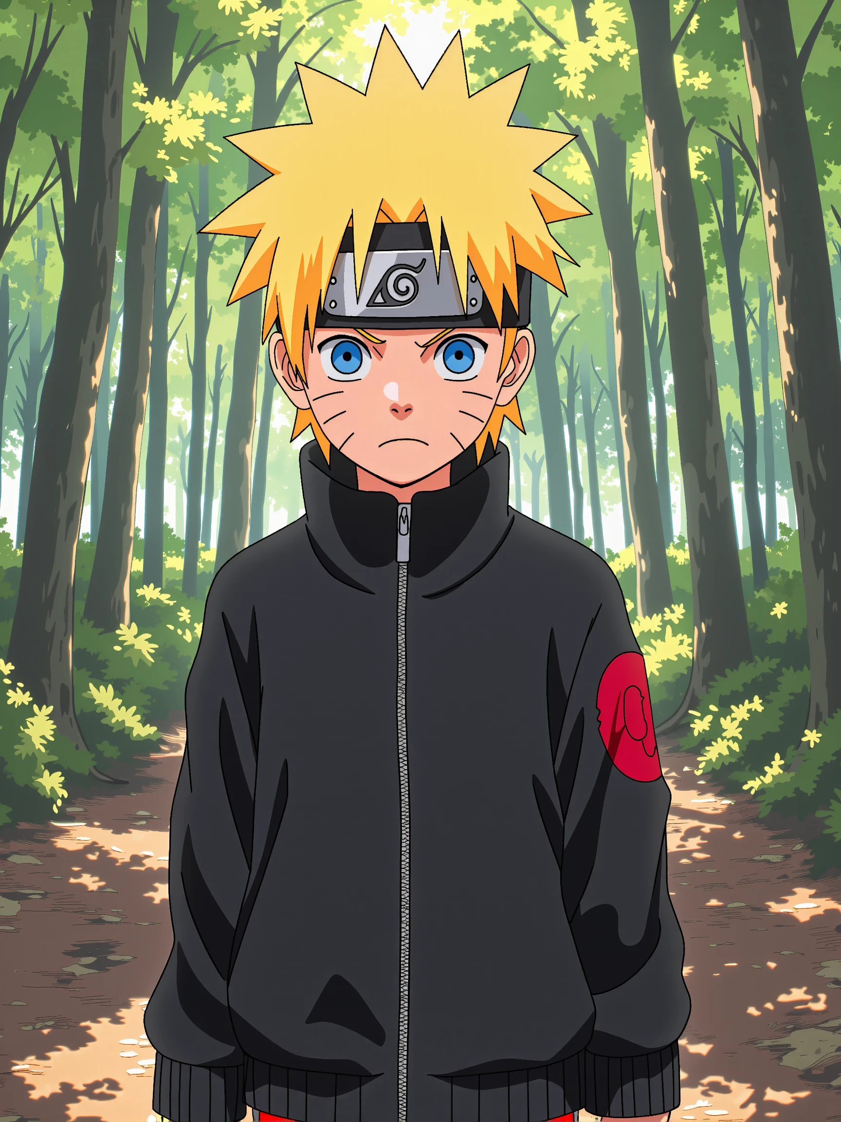 a digital artwork of a character from the anime series "Naruto," depicted in a forest setting. The character has blonde hair blue eyes and is wearing a black jacket with a red emblem on the left side <lora:MJanime_Flux_LoRa_v3_Final:1.0>