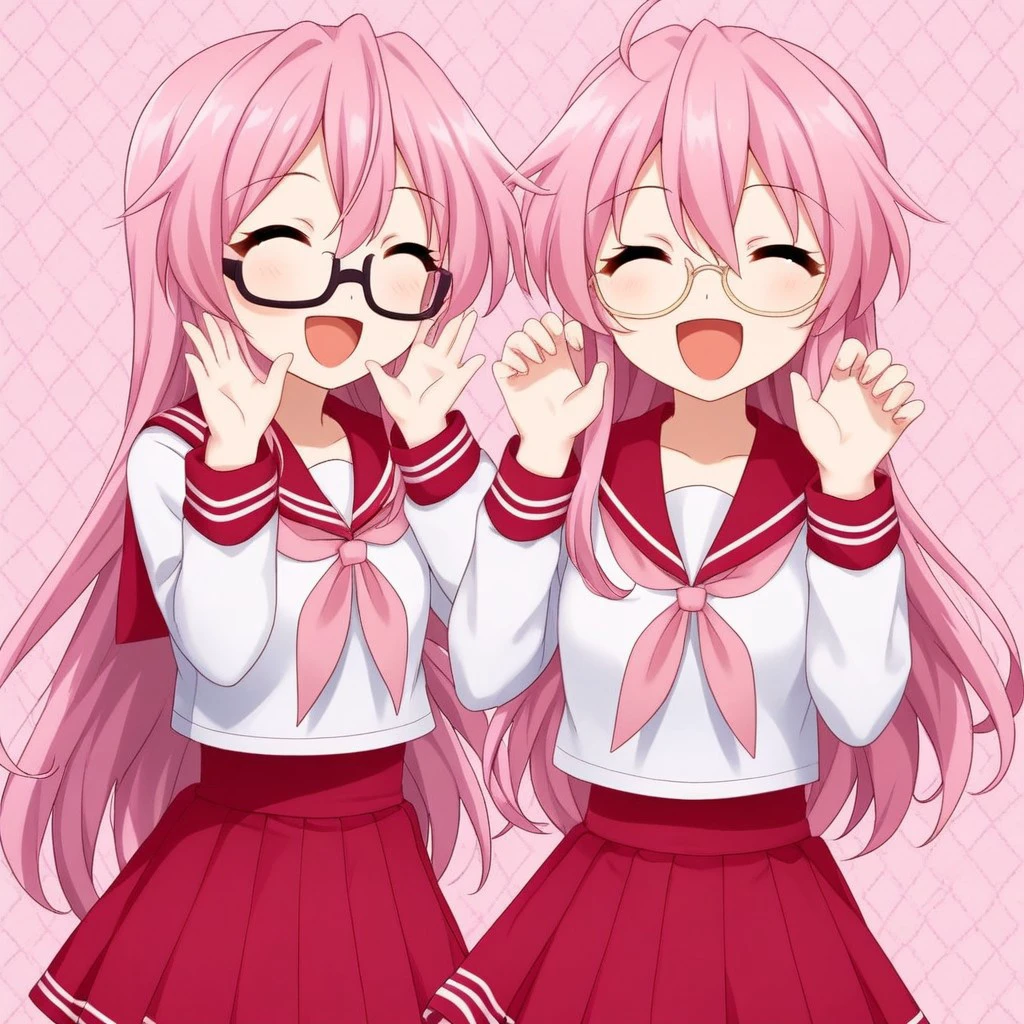 M1yuk1_T4kara, (1girl), long pink hair, glasses, happy expression, kawaii pose, uniform, sailor collar, red skirt, pink neckerchief, white thighhighs, rating_safe, (green checkerboard background pattern)