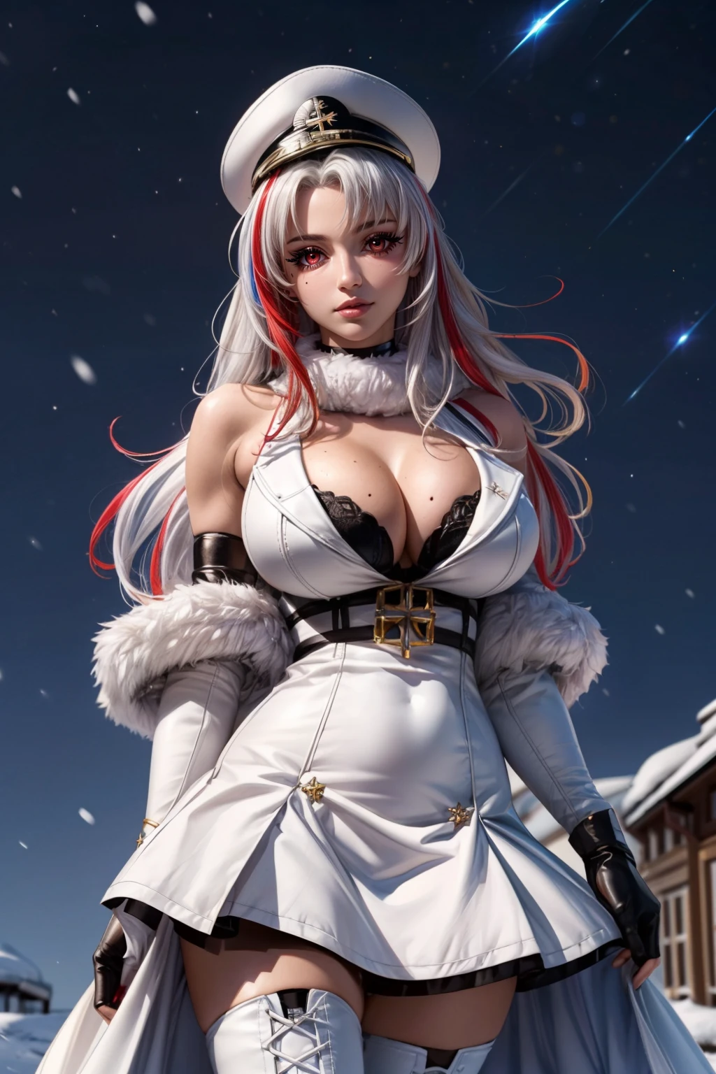 (ultra realistic,32k, masterpiece:1.2),(high detailed skin:1.1),( high quality:1.1), <lora:IllyasvielVonEinzbern_v1:0.7>, zzIllya, looking at viewer, night, outdoors, snowing, sky, BREAK,   <lora:Tallinn_Azurlane:0.7>, zzTallinn, long hair, multicolored hair, red hair, streaked hair, red eyes, mole, mole on breast, white hair, two-tone hair, hat, bangs, very long hair, white headwear, cleavage, elbow gloves, white dress, white gloves, bare shoulders, white coat, peaked cap, white thighhighs, thigh boots, white footwear, fur trim, cross-laced footwear, parted bangs, sleeveless dress,   BREAK,  blooming stars, luminescent petals, otherworldly fragrance blurry background, (looking at viewer, standing:1.1), huge breast, large breast, <lora:add_detail:0.92>, (glowwave:1.1),