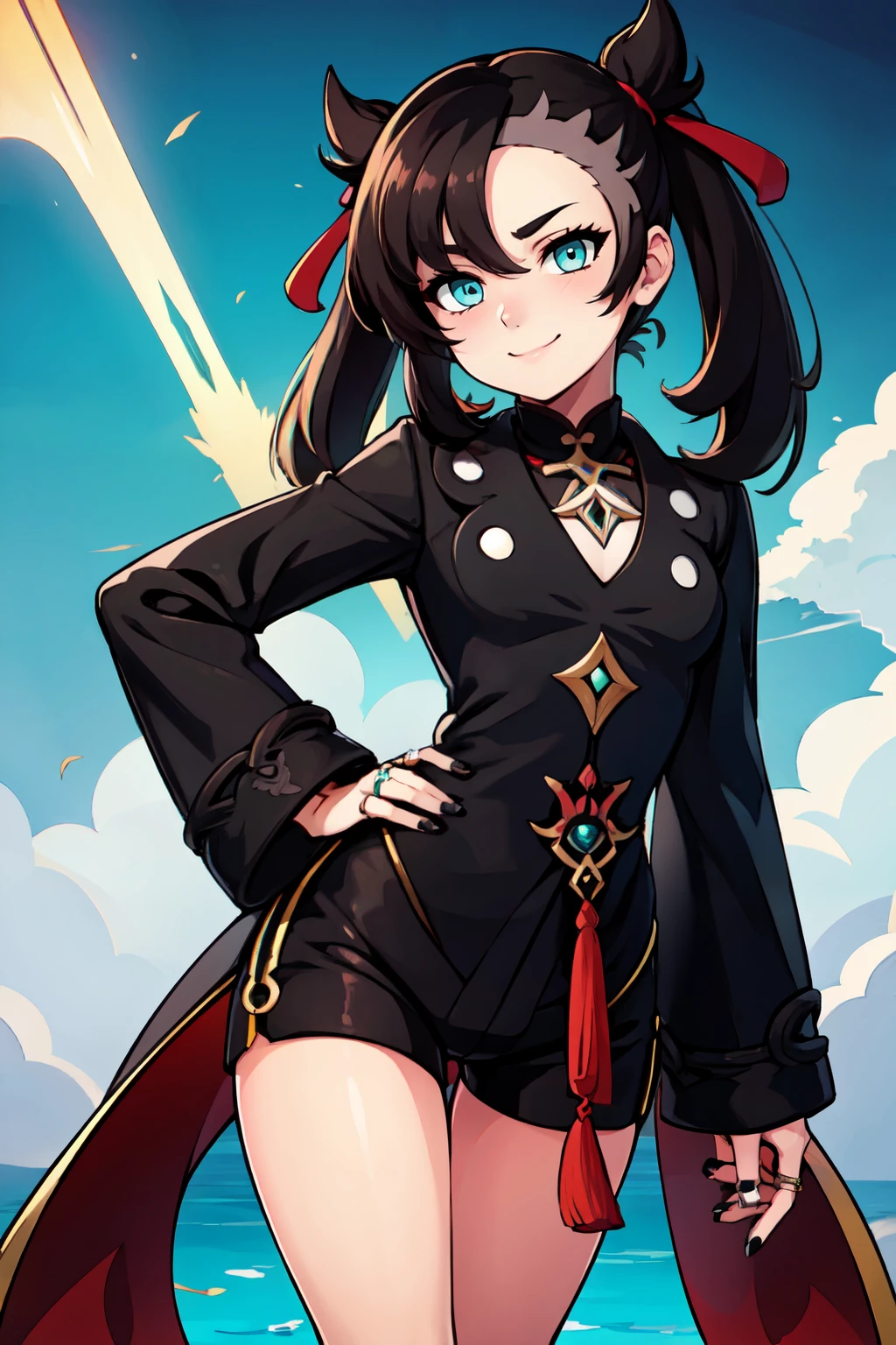 ((masterpiece,best quality)), absurdres,  BREAK, , <lora:MarnieHutao:0.8>,  zzMarnie, aqua eyes, red ribbon,  genshin impact, long sleeves, jewelry, shorts, wide sleeves, coat, chinese clothes, black shorts, ring, black nails,, BREAK, hip to the side, contrapposto,, BREAK, solo, smile, looking at viewer, cowboy shot,