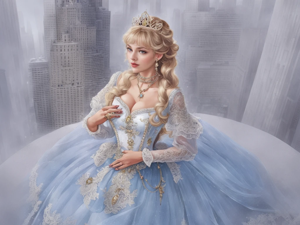 (masterpiece, best quality:1.2),illustration,8k,hd,1 girl,very long hair,(from above:1.4),solo,blonde hair,byrs,jewelry,dress,long sleeves,hair ornament,earrings,necklace,lace,tiara,choker,bow,lace-trimmed dress,(cleavage:1.2),(huge breasts:1.2),hands on own chest,(skyscraper:1.4),<lora:add-detail-xl:1>,<lora:killerè¸é¨å¤§å°è°èå¨v2-02:1>,(european princess:1.2),<lora:byrs XL:0.8>,