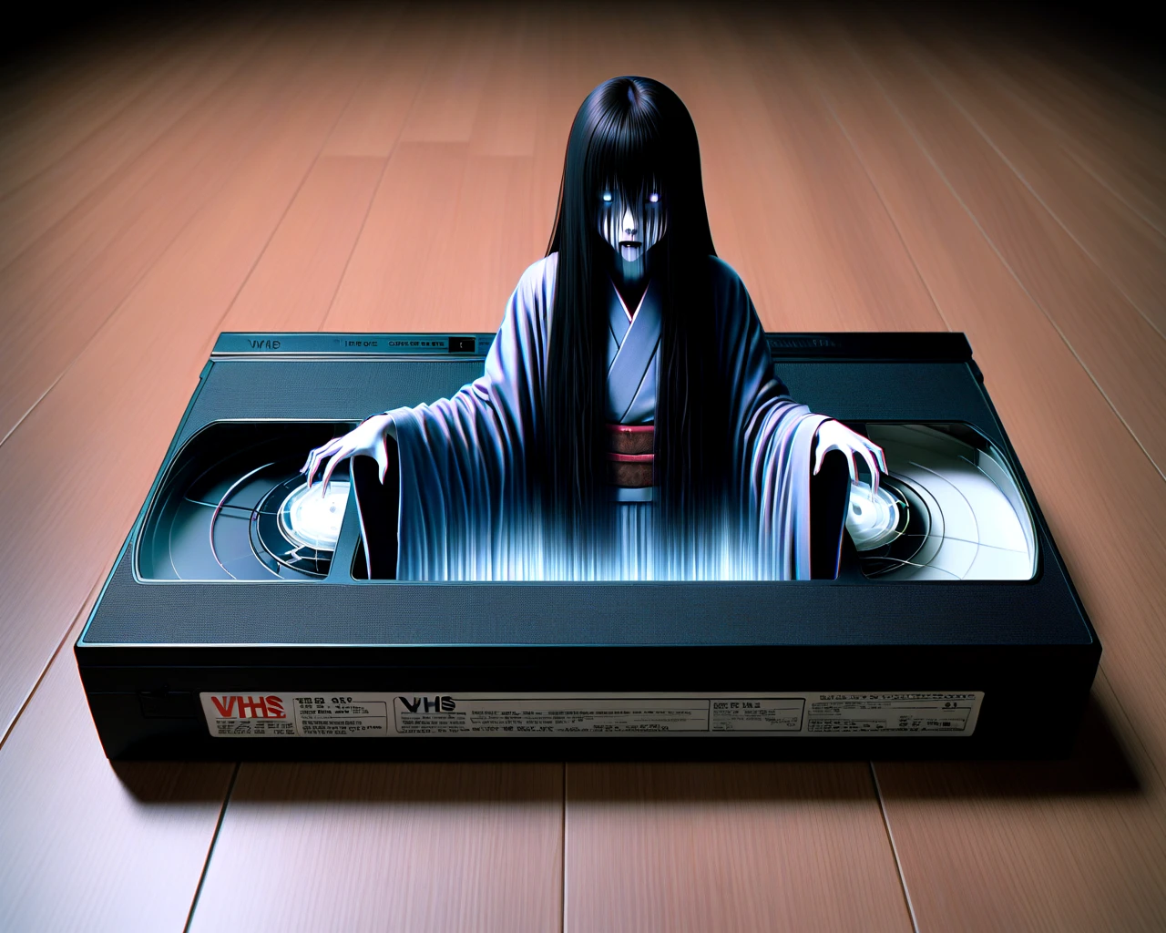 <lora:VHS_SDXL:0.7>,VHS, very long hair, hair over eyes, a woman with long hair and a ghost face is in a box with a record player in it on a wooden floor, kimono, solo, wide_sleeves, obi, monster girl, pale skin, chromatic aberration, grey skin, horror (theme), glowing