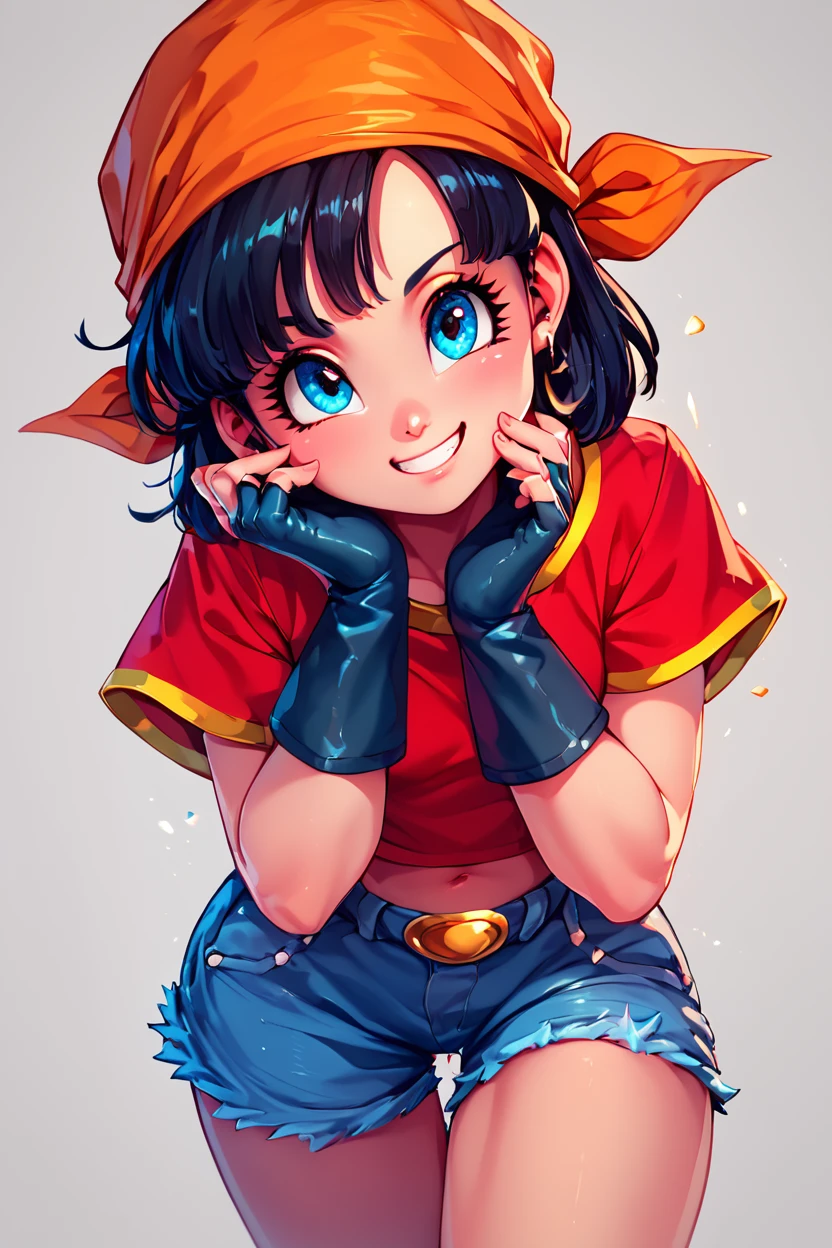 score_9, score_8_up, score_8, medium breasts, (curvy), cute, eyelashes,       BREAK, , zzPan, black hair, short hair, bandana, gloves, fingerless gloves, red shirt,  <lora:Pan_Dragonball_PDXL:0.8>, , BREAK, looking at viewer,  smile, waving, upper body, leaning forward, head tilt,  embedding:zPDXL, Expressiveh, <lora:CatalystStylePDXL:0.6>,  <lora:SDXLFaeTastic2400:0.5>,  <lora:Expressive_H-000001:0.4>,