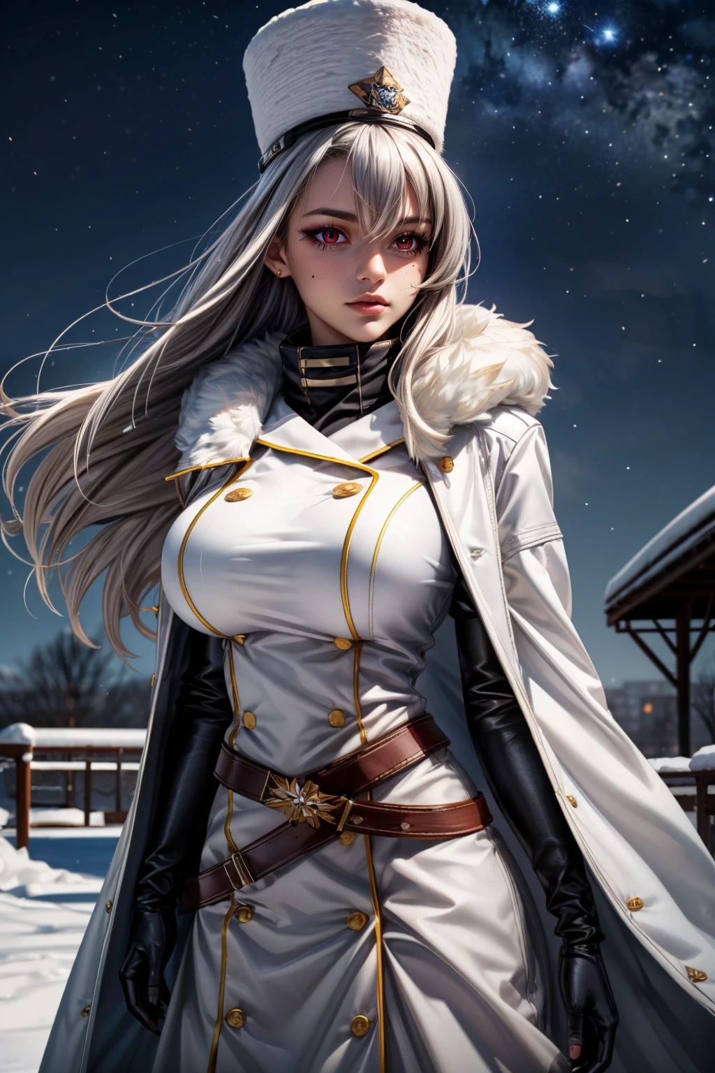 (ultra realistic,32k, masterpiece:1.2),(high detailed skin:1.1),( high quality:1.1), <lora:IllyasvielVonEinzbern_v1:0.7>, zzIllya, looking at viewer, night, outdoors, snowing, sky, BREAK,   <lora:Rossiya_Azurlane:0.7>, zzRossiya, long hair, red eyes, hair between eyes, white hair, mole, very long hair, mole under eye, bangs, grey hair, hat, white headwear, military hat, black gloves, double-breasted, fur-trimmed coat, high collar, white coat, belt, elbow gloves,  BREAK,  blooming stars, luminescent petals, otherworldly fragrance blurry background, (looking at viewer, standing:1.1), huge breast, large breast, <lora:add_detail:0.92>, (glowwave:1.1),