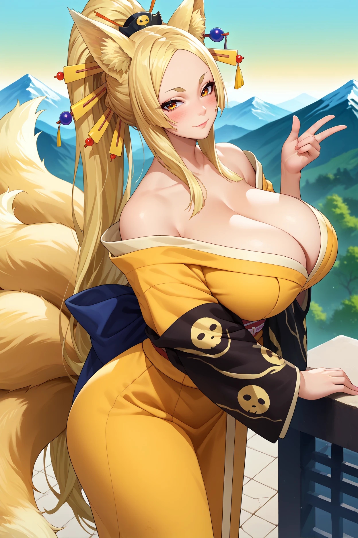 score_9, score_8_up, score_7_up, score_6_up, source_anime, 1girl, solo <lora:yasaka-pdxl-nvwls-v1-000005:1> yasaka, blonde hair, ponytail, amber eyes, hair ornament, yellow kimono, off shoulder, cleavage, black sleeves, multiple tails, fox ears, huge breasts, looking at you, from side, wide hips, bending over, looking at you, smirk, blush, ledge, mountains, blue sky