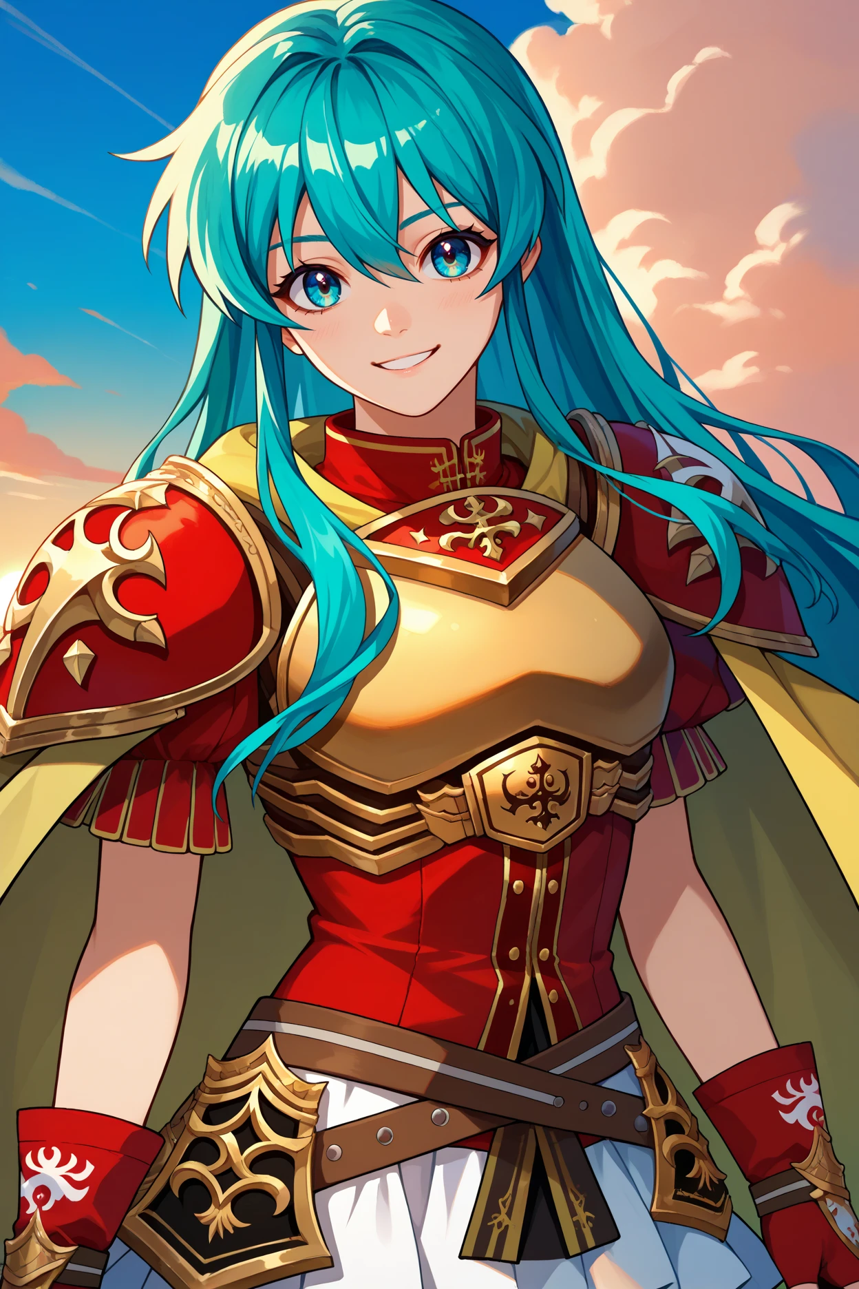 score_9, score_8_up, score_7_up, score_6_up, source_anime, 1girl, solo  <lora:defeirika-pdxl-nvwls-v1-000005:1> defEir, cyan hair, long hair, hair between eyes, red shirt, gold trim, gold-trimmed armor, yellow cape, red gloves, fingerless gloves, brown straps, white skirt, looking at you, smile, happy, blue sky, clouds, sunset, upper body