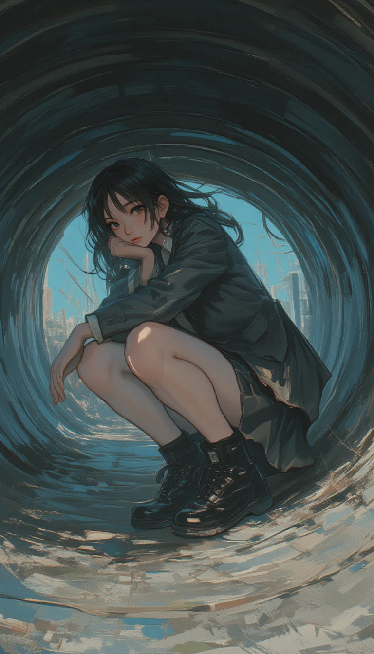 side view, stuck in a sewer pipe, fashionable crouching pose, feet up, female