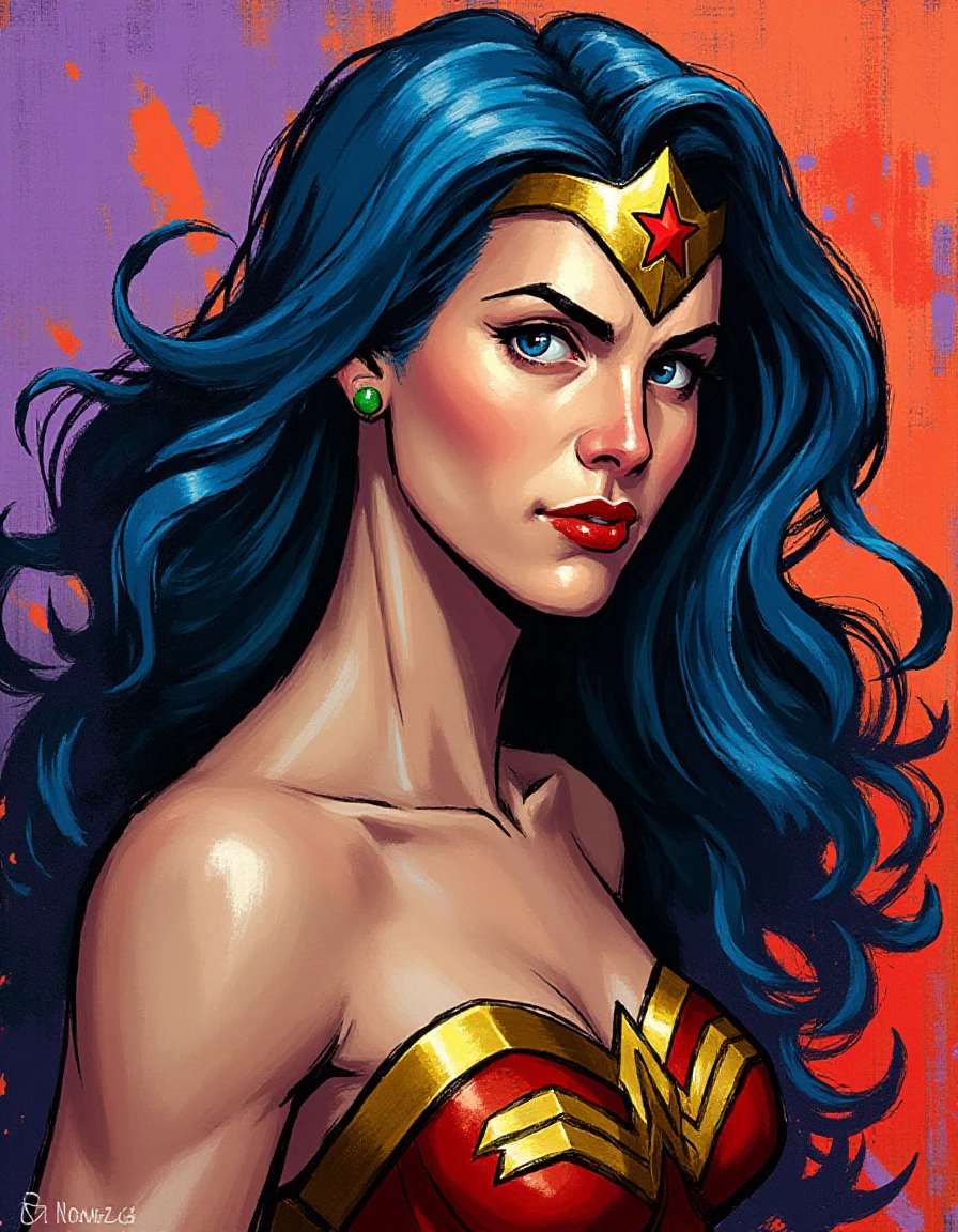 <lora:Disco_Elysium_Portrait_Style_Flux:1>
In a vibrant and dynamic composition, an abstract expressionist headshot portrait of Wonder Woman comes to life, bursting with energy and emotion. Her fierce gaze pierces through the canvas, with striking eyes that shimmer like emeralds, radiating both strength and compassion. The artist employs harsh, bold brushstrokes that convey her powerful presence, with dramatic splashes of deep crimson and royal blue creating a vivid contrast against her golden tiara which gleams defiantly.
The background swirls with a whirlwind of colorsâvivid purples and fiery oranges that evoke a sense of chaos and fervor, reminiscent of the tumultuous battles she faces. The textures of the paint are palpable; thick impasto layers add depth, suggesting movement and urgency, while smoother areas hint at moments of calm and reflection.
As her iconic armor glints under the imaginary light, one can almost hear the clash of swords and the roar of battle echoing faintly in the air. The overall emotional tone captures Wonder Woman's unwavering spirit and resilience, inviting viewers to confront their own inner struggles against adversity while marveling at this bold, larger-than-life portrayal of a legendary heroine.