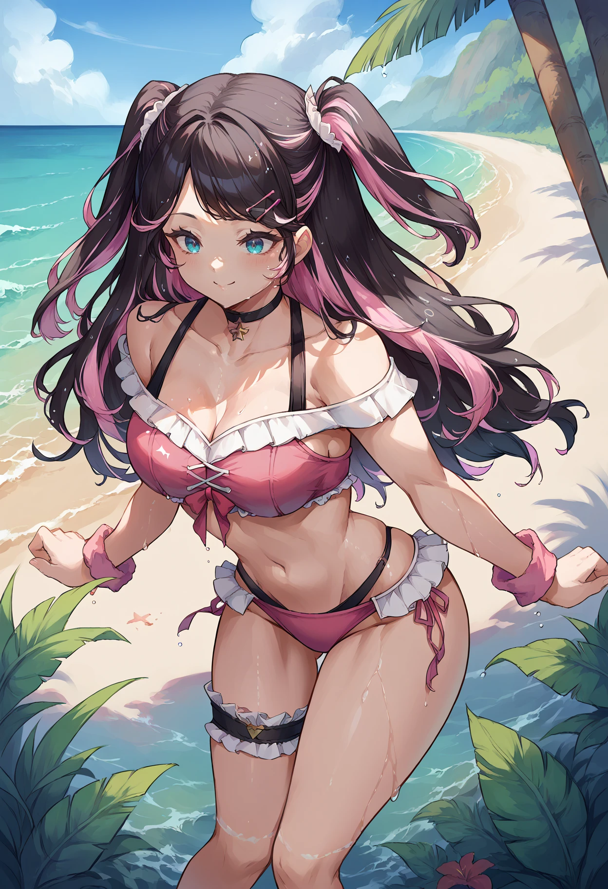 score_9, score_8_up, source_anime, 1girl, solo, NazunaSmmer, blue eyes, multicolored hair, black hair, pink hair, long hair, two side up, hairclip, black choker, frilled bikini, off-shoulder bikini, pink bikini, wrist scrunchie, leg garter, outdoors, wet, summer, beach, smile, <lora:ChamNazunaKagaPonyXL:1>