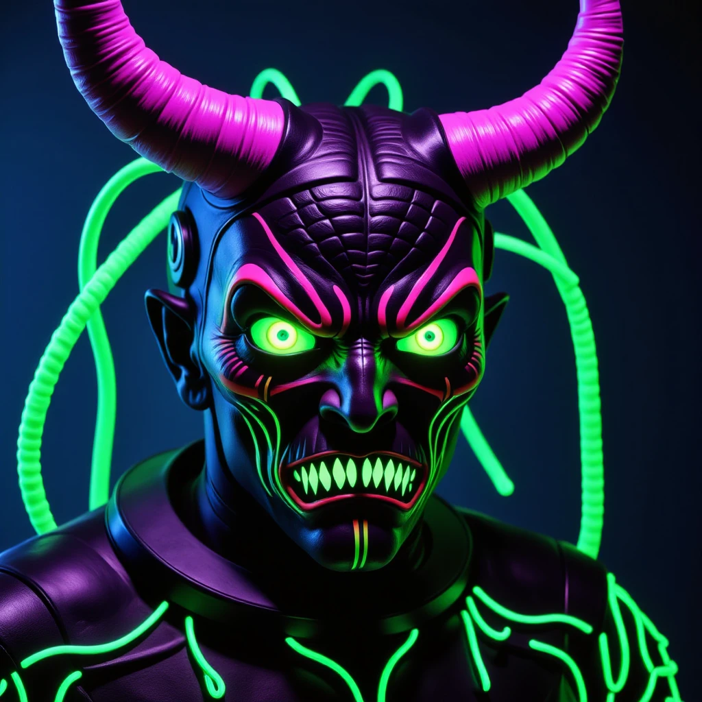 fluorescent demon, closeup of a cybernetic demon, green and purple, lots of wires