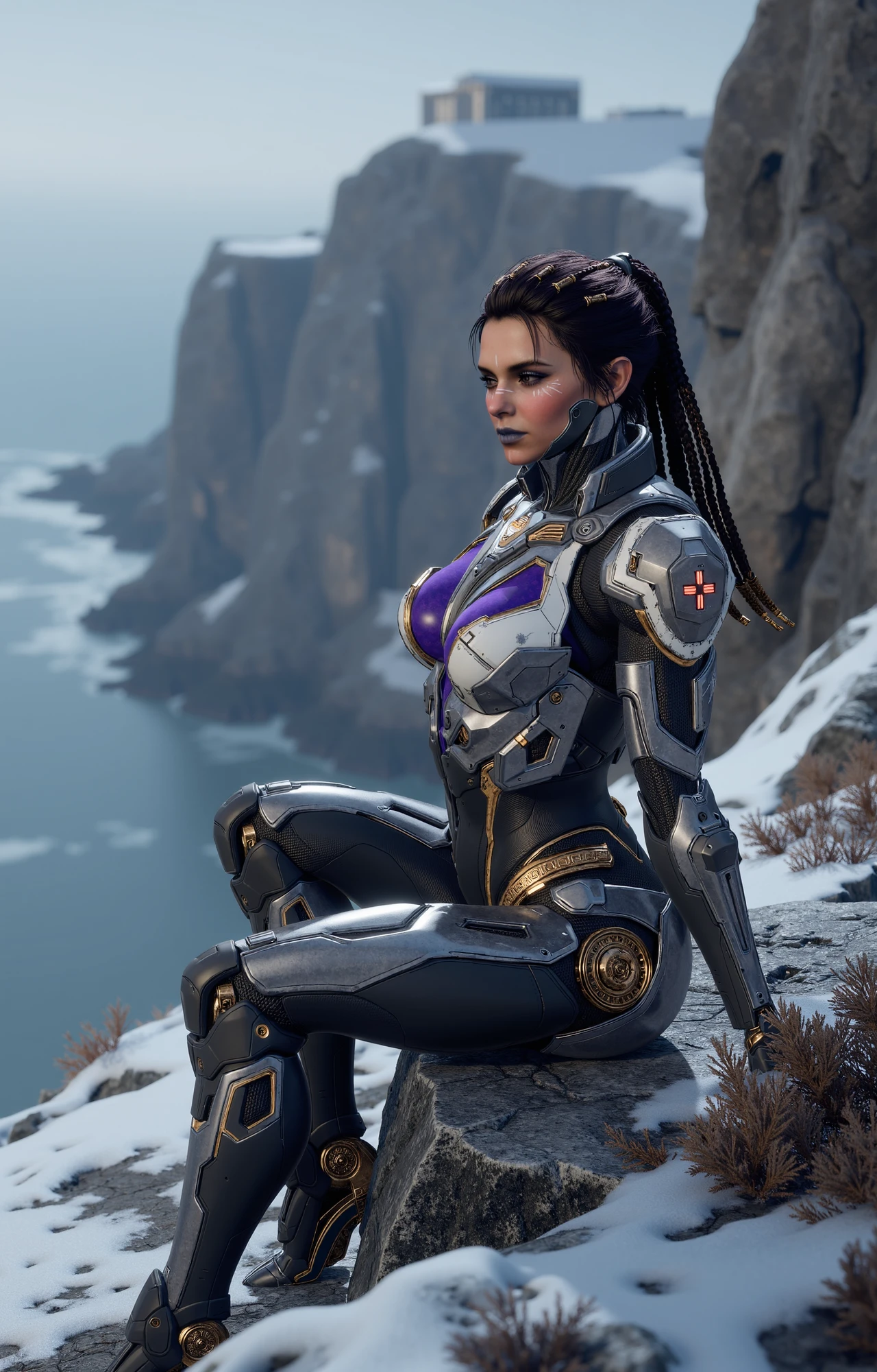 a realistic cinematic film still of TFD-Sharen-Default-NoHelmet, a female cyborg in a futuristic, armored suit is sitting on a large rock at the edge of a cliff overlooking the cliffside and the rough waters below. The ground is snowy with foliage and bushes growing through the snow. There are snowy mountains in the distance and a cliffside facility building. The lighting is intense.
She has white makeup lines and silver lipstick. Her dark brown hair is styled in multiple, thick braids adorned with small, metallic rings.
She has a futuristic, armor-like suit that is predominantly metallic silver with gold accents and intricate, glowing blue details. The suit is form-fitting and covers her entire body, with a high collar that extends to her neck and a large chest piece that reveals a large glowing purple skin-tight design. The armor has a sleek, polished appearance with smooth, rounded edges and a slightly reflective surface, giving it a high-tech, futuristic aesthetic.  The suit's form-fitting, aerodynamic shape, emphasizes her curvaceous physique <lora:TFD-Sharen-Default-NoHelmet:0.7>