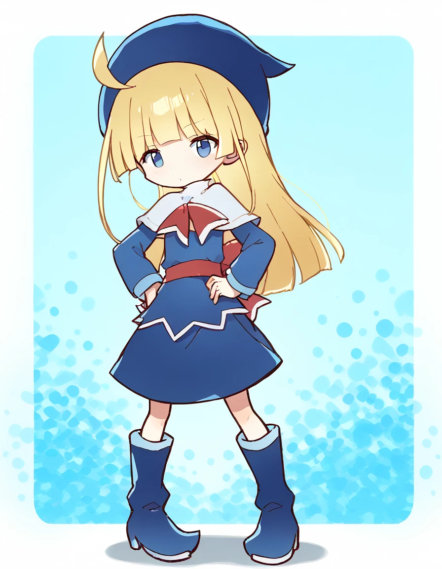 <lora:witchPF_SDXL_pony_fp16_ver04_168-000025:1>,witchPF, 1girl,solo,blonde hair,blue eyes,long hair,blunt bangs,ahoge, blue hat, dress,red sash, capelet,long sleeves,boots,hands on own hips,<lora:Puyo_Puyo_Style_Pony:1>,, score_9, score_8_up, score_7_up, BREAK source_anime, rating_questionable, best quality, masterpiece, uncensored,<lora:pony_good_hands:1>,good_hands ,[pony diffusion V6 is trained by PurpleSmartAI:100]