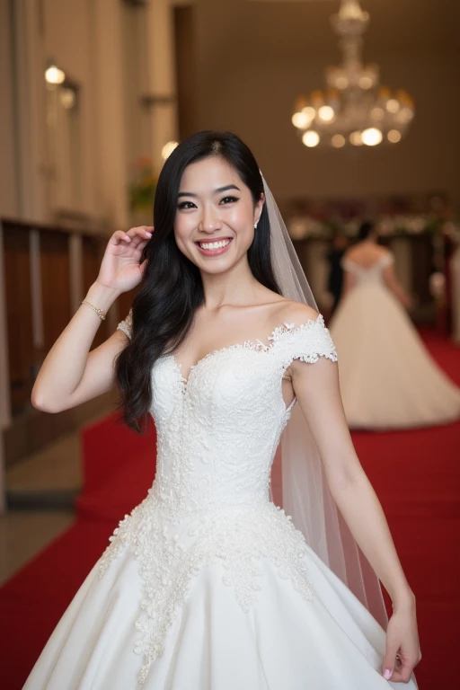 akanemsko, an asian akanemsko 1girl, intricate luxurious white wedding dress, in a beautiful church, smiling at the viewer, <lora:AkaNemsko_Flux:1>